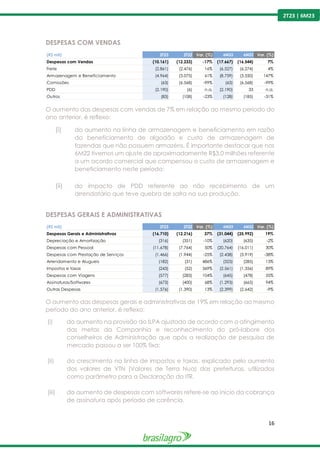 16
2T23 | 6M23
DESPESAS COM VENDAS
O aumento das despesas com vendas de 7% em relação ao mesmo período do
ano anterior, é reflexo:
(i) do aumento na linha de armazenagem e beneficiamento em razão
do beneficiamento de algodão e custo de armazenagem de
fazendas que não possuem armazéns. É importante destacar que nos
6M22 tivemos um ajuste de aproximadamente R$3,0 milhões referente
a um acordo comercial que compensou o custo de armazenagem e
beneficiamento neste período;
(ii) do impacto de PDD referente ao não recebimento de um
arrendatário que teve quebra de safra na sua produção.
DESPESAS GERAIS E ADMINISTRATIVAS
O aumento das despesas gerais e administrativas de 19% em relação ao mesmo
período do ano anterior, é reflexo:
(i) do aumento na provisão do ILPA ajustado de acordo com o atingimento
das metas da Companhia e reconhecimento do pró-labore dos
conselheiros de Administração que após a realização de pesquisa de
mercado passou a ser 100% fixa;
(ii) do crescimento na linha de impostos e taxas, explicado pelo aumento
dos valores de VTN (Valores de Terra Nua) das prefeituras, utilizados
como parâmetro para a Declaração do ITR.
(iii) do aumento de despesas com softwares refere-se ao início da cobrança
de assinatura após período de carência.
(R$ mil) 2T23 2T22 Var. (%) 6M23 6M22 Var. (%)
Despesas com Vendas (10.161) (12.233) -17% (17.667) (16.544) 7%
Frete (2.861) (2.476) 16% (6.527) (6.274) 4%
Armazenagem e Beneficiamento (4.964) (3.075) 61% (8.759) (3.550) 147%
Comissões (63) (6.568) -99% (63) (6.568) -99%
PDD (2.190) (6) n.a. (2.190) 33 n.a.
Outros (83) (108) -23% (128) (185) -31%
(R$ mil) 2T23 2T22 Var. (%) 6M23 6M22 Var. (%)
Despesas Gerais e Administrativas (16.710) (12.216) 37% (31.044) (25.992) 19%
Depreciação e Amortização (316) (351) -10% (620) (635) -2%
Despesas com Pessoal (11.678) (7.764) 50% (20.764) (16.011) 30%
Despesas com Prestação de Serviços (1.466) (1.944) -25% (2.438) (3.919) -38%
Arrendamento e Alugueis (182) (31) 486% (323) (285) 13%
Impostos e taxas (243) (52) 369% (2.561) (1.356) 89%
Despesas com Viagens (577) (283) 104% (645) (478) 35%
Assinaturas/Softwares (673) (400) 68% (1.293) (665) 94%
Outras Despesas (1.576) (1.390) 13% (2.399) (2.642) -9%
 