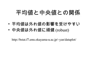 ƽ낎ȤvS
? ƽ삎Ӱ푤ܤ䤹
? 낎삎B (robust)

 http://bstat.f7.ems.okayama-u.ac.jp/~yan/dataplot/
 