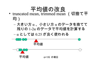 ƽθ
? truncated mean, trimmed mean ВΤƽ
  
  C 󤭤  С  Υǩ`ΤƤ
    Ф 1-2 Υǩ`ƽӋ㤹
  C  ȤƤ 0.25 ʹ

           ƽ


    ƽ          =1/6 Έ
 