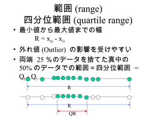  (range)
  ķλ (quartile range)
? С󂎤ޤǤη
   R = x(n) - x(1)
? 삎 (Outlier) Ӱ푤ܤ䤹
? I 25 Υǩ`ΤƤФ
  50% Υǩ`Ǥι죽ķλ =
  Q3 - Q1
            R


            R
            QR
 