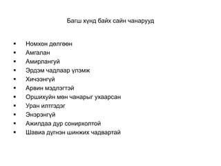 Багш хүнд байх сайн чанарууд


   Номхон дөлгөөн
   Амгалан
   Амирлангуй
   Эрдэм чадлаар үлэмж
   Хичээнгүй
   Арвин мэдлэгтэй
   Оршихуйн мөн чанарыг ухаарсан
   Уран илтгэдэг
   Энэрэнгүй
   Ажилдаа дур сонирхолтой
   Шавиа дүгнэн шинжих чадвартай
 