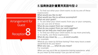 Arrangement for
Guest
Reception8
8.協商旅遊計畫實用英語句型-2
1. To find out what your client wants to do try one of these
expressions...