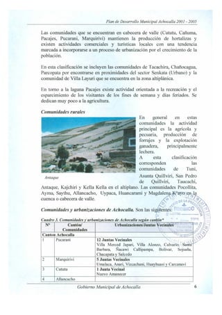 Plan de Desarrollo Municipal Achocalla 2001 - 2005
Las comunidades que se encuentran en cabecera de valle (Cututu, Cañuma,
Pacajes, Pucarani, Marquirivi) mantienen la producción de hortalizas y
existen actividades comerciales y turísticas locales con una tendencia
marcada a incorporarse a un proceso de urbanización por el crecimiento de la
población.
En esta clasificación se incluyen las comunidades de Tacachira, Chañocagua,
Parcopata por encontrarse en proximidades del sector Senkata (Urbano) y la
comunidad de Villa Layuri que se encuentra en la zona altiplánica.
n tomo a la laguna Pacajes existe actividad orientada a la recreación y el
esparcimiento de los visitantes de los fines de semana y días feriados. Se
dedican muy poco a la agricultura.
Comunidades rurales
Antaque
En general en estas
comunidades la actividad
principal es la agrícola y
pecuarIa, producción de
forrajes y la explotación
ganadera, principalmente
lechera.
A esta clasificación
las
de
Comunidades y urbanizaciones de AchocalllL Son las si
Comunidades
Canton Achocalla
1 Pucarani
2 Marquirivi
3 Cututu
4 Allancacho
12 Juntas Vecinales
5 Juntas Vecinales
Umalaca, Anari, Vizcachani, Hua huasi Carcanavi
1 Junta Vecinal
Nuevo Amanecer
Gobierno Municipal de Achocal/a 6
 