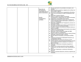 PLAN DE DESARROLLO MUNICIPAL 2006 – 2010


                                                                  15. Plan de capacitación de autoridades municipales y sub-
                                           Desarrollo de           alcaldías.
                                           herramientas y      16. Difusión de efectos positivos y negativos de no enfocar los
                                           capacidades para la     POAs al PDM en vigencia.
                                                               17. Desarrollo de infraestructura y equipamiento informático.
                                           toma de decisiones. 18. Crear una red informática en todas las dependencias del
                                                                      GMEA.
                                                                  19. Modernizar el sistema tributario.
                                                                  20. Diseñar un sistema de trámites centralizado
                                           Gestión                    (Automatización y simplificación) de trámites municipales.
                                           transparente y         21. Implementar una estrategia anticorrupción.
                                           confiable.             22. Programa para promover la Cultura de la Transparencia
                                                                      entre los Servidores Públicos Municipales, (actuación y al
                                                                      acceso a la información)
                                                                  23. Desarrollar un Reglamento de Transparencia y Acceso a la
                                                                      información Pública.
                                                                  24. Desarrollar un programa para motivar la interiorización de
                                                                      los valores éticos en el personal del GMEA.
                                                                  25. Fortalecer e impulsar los procesos de Auditoria Interna en
                                                                      todas las unidades.
                                                                  26. Programa de motivación de la interiorización de los valores
                                                                      éticos en el personal del GMEA.
                                                                  27. Desarrollar un plan de Mejora de Imagen del GMEA
                                                                      (Eficiente, efectivo y transparente).
                                                                  28. Diseñar un Plan de comunicación interno y externo (Prensa,
                                                                      publicidad y producción propia, Internet)
                                                                  29. Difusión masiva de resultados y conclusiones del PDM y
                                                                      POAs.
                                                                  30. Programas de Evaluación de Desempeño Financiero y su
                                                                      correspondiente difusión.
                                                                  31. Fortalecimiento de la oficina de atención al vecino.
                                                                  32. Generar espacios y estructuras de acercamiento y consulta
                                                                      para incorporar decisiones ciudadanas en la política y
                                                                      gestión municipal.
                                                                  33. Desarrollar e implementar indicadores de gestión de
                                                                      resultados.
                                                                  34. Disponer de un sistema que permita evaluar la gestión
                                                                      institucional y de cada una de las áreas, identificando su
                                                                      aporte.
                                                                  35. Desarrolla e implementar un sistema de información
                                                                      gerencial.
                                                                  36. Capacitar al personal (Ejecutivo y técnico) en gerencia por
                                                                      resultados.



GOBIERNO MUNICIPAL DE EL ALTO                                                                                            86
 