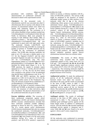 Abbasi et al., World J Pharm Sci 2014; 2(1): 32-40

procedures with conditions and spectral
characterization of synthesized molecules are
discussed in detail in the experimental section.

relative to eserine, a reference standard, with IC50
value of 0.04±0.001 µmoles/L. The activity of 6e
might be attributed to the presence of methyl
substituted aralkyl group at ortho position in the
molecule while that of 6g to the electron
withdrawing chloro group at para position of Ssubstituted benzyl group. 5-(4-Chlorophenyl)-2(isopropylthio)-1,3,4-Oxadiazole (6b) found to be
lowest inhibitor having IC50 value of 220.15±0.08
µmoles/L relative to the reference standard.
Against butyryl cholinesterase (BChE) enzyme,
only 5-(4-chlorophenyl)-2-((4-fluorobenzyl)thio)1,3,4-Oxadiazole (6j) was the most potent inhibitor
having IC50 value of 145.11±0.14 µmoles/L,
relative to eserine, a reference standard, with IC50
value of 0.85±0.0001 µmoles/L, probably due to
the substitution of 4-fluorobenzyl group. The
molecule among the series, 5-(4-chlorophenyl)-2((3-phenylpropyl)thio)-1,3,4-Oxadiazole (6l) was
found to be the lowest inhibitor having IC50 value
of 256.22±0.08 µmoles/L. All other compounds
showed inhibitory potential against butyryl
cholinesterase between these two extreme values.

Chemistry: In the presented work, 4chlorobenzoic acid (1) was converted into ethyl 4chlorobenzoate (2) on reaction with ethanol in the
presence of concentrated sulfuric acid, which was
treated with hydrazine hydrate to form 4chlorobenzohydrazide (3). The cyclization of 3
with carbon disulfide in basic medium resulted into
5-(4-chlorophenyl)-1,3,4-Oxadiazol-2-thiol (4) and
finally its derivatives, 6a-l, were prepared by
reacting 4 with different alkyl halides, 5a-l, as
outlined in scheme 1. The parent molecule, 5-(4chlorophenyl)-1,3,4-Oxadiazol-2-thiol (4) was
synthesized in good yield with light peach color.
The molecular formula C8H5ClN2OS was
established with the help of EI-MS, by counting the
number of protons in 1H-NMR spectrum and by
13
C-NMR for the verification of quaternary
carbons. The EI-MS data showing molecular ion
peak at m/z 212, also gave a distinct peak at m/z
111 for the fragment [C6H4Cl]+ and the other
prominent fragment ion peak was observed at m/z
101 for 1,3,4-Oxadiazole ring. The mass
fragmentation pattern of 5-(4-chlorophenyl)-2-((2phenylethyl)thio)-1,3,4-Oxadiazole (6k) was also
sketched for further detail (figure 1). In its 1HNMR spectrum, the signals in aromatic region
appeared at δ 7.55 (d, J = 8.8 Hz, 2H, H-3' & H-5')
and 7.88 (d, J = 8.7 Hz, 2H, H-2' & H-6') which
were assigned to the protons of the di-substituted
ring derived from 4-chlorobenzoic acid. In its 13CNMR (BB and DEPT) spectrum, the signals
appeared at δ 180.1 (C-2) and 161.5 (C-5) for the
quaternary carbon atoms of the Oxadiazole ring.
Thus, the structure of parent 4 was established as 5(4-chlorophenyl)-1,3,4-Oxadiazol-2-thiol.
Similarly, on the basis of spectral evidences from
EI-MS and 1H-NMR, as described in experimental
section, the structures of other derivatives, 6a-l,
were elucidated. The physical characteristics of all
the synthesized molecules are given in table 1.

Cytotoxicity: The results of Brine Shrimp
cytotoxicity assay revealed that all tested
compounds ranged in LD50 values from 101.2 to
0.46 µgL-1. The compounds, 6a, 6b, 6c, 6i and 6k
showed highly significant cytotoxic activity with
LD50 values of 0.57, 0.46, 0.55, 0.67 and 0.50 µgL1
, respectively. The remaining molecules might be
further tested for their application in drug designing
program because of low toxicity.
Antibacterial activity: To study the antibacterial
activity of all the synthesized molecules, six
bacterial strains were taken into account, as
described in the assay and the results are presented
in the form of MIC values in table 3. The
compounds, 4 and 6d were found to possess
significant activity against all the six bacterial
strains. The molecules, 6c and 6f exhibited activity
against B. bronchiseptica & E. aerogenes; and 6b,
6e, 6h and 6i against E. aerogenes only.

Enzyme inhibition activity: The screening of
these synthesized compounds against acetyl
cholinesterase (AChE) and butyryl cholinesterase
(BChE) enzymes (cholinesterases) revealed that
these molecules exhibited variable inhibitory
potential as shown by their IC50 values (table 2).
The IC50 results against acetyl cholinesterase
(AChE) enzyme demonstrated that only two among
the synthesized molecules, 5-(4-chlorophenyl)-2((2-methylbenzyl)thio)-1,3,4-Oxadiazole (6e) and
5-(4-chlorophenyl)-2-((3-chlorobenzyl) thio)-1,3,4Oxadiazole (6g) were found to be the most potent
inhibitors having IC50 value of 64.61±0.07
µmoles/L and 66.81±0.34 µmoles/L respectively

Antifungal activity: The results of antifungal
activities in the form of MIC values are also
summarized in table 3. The compound 4 also
exhibited good antifungal activity against all the
tested fungal strains in addition to antibacterial
activity. Also the molecule, 6a executed significant
antifungal activity against A. fumigatus and F.
solani while 6b and 6d were found to be active
against A. flavus and F.solani, respectively.
CONCLUSION
All the molecules were synthesized in awesome
amounts and evaluated for biological activities with
36

 