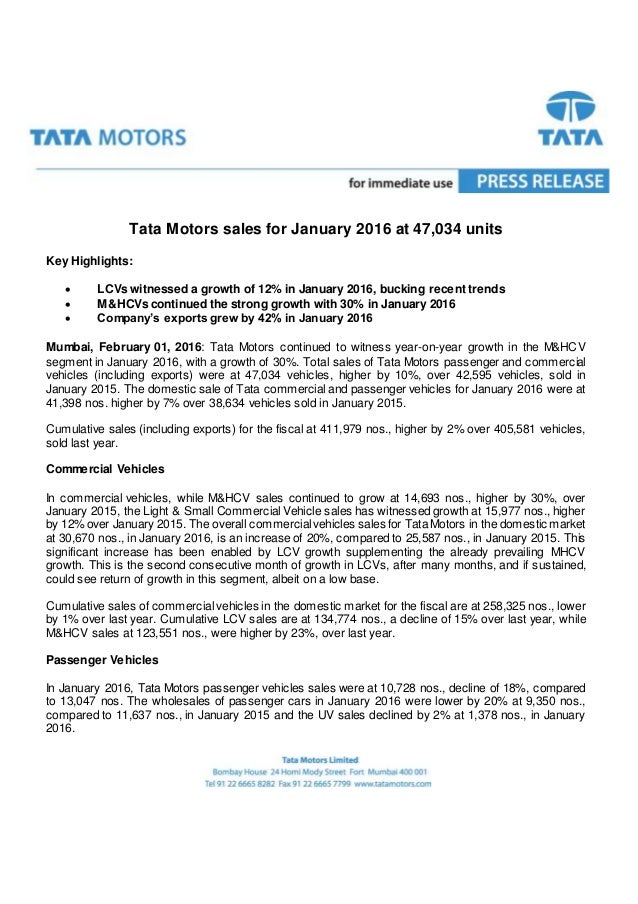 Tata Motors sales report Jan 2016