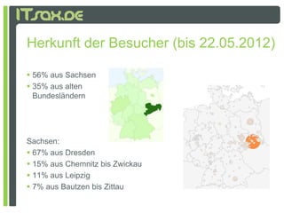 Herkunft der Besucher (bis 22.05.2012)

 56% aus Sachsen
 35% aus alten
  Bundesländern




Sachsen:
 67% aus Dresden
 15% aus Chemnitz bis Zwickau
 11% aus Leipzig
 7% aus Bautzen bis Zittau
 