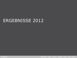 ERGEBNISSE 2012




ITmitte.de      Bitterfeld – Halle – Leuna – Leipzig – Zeitz – Jena – Erfurt
 