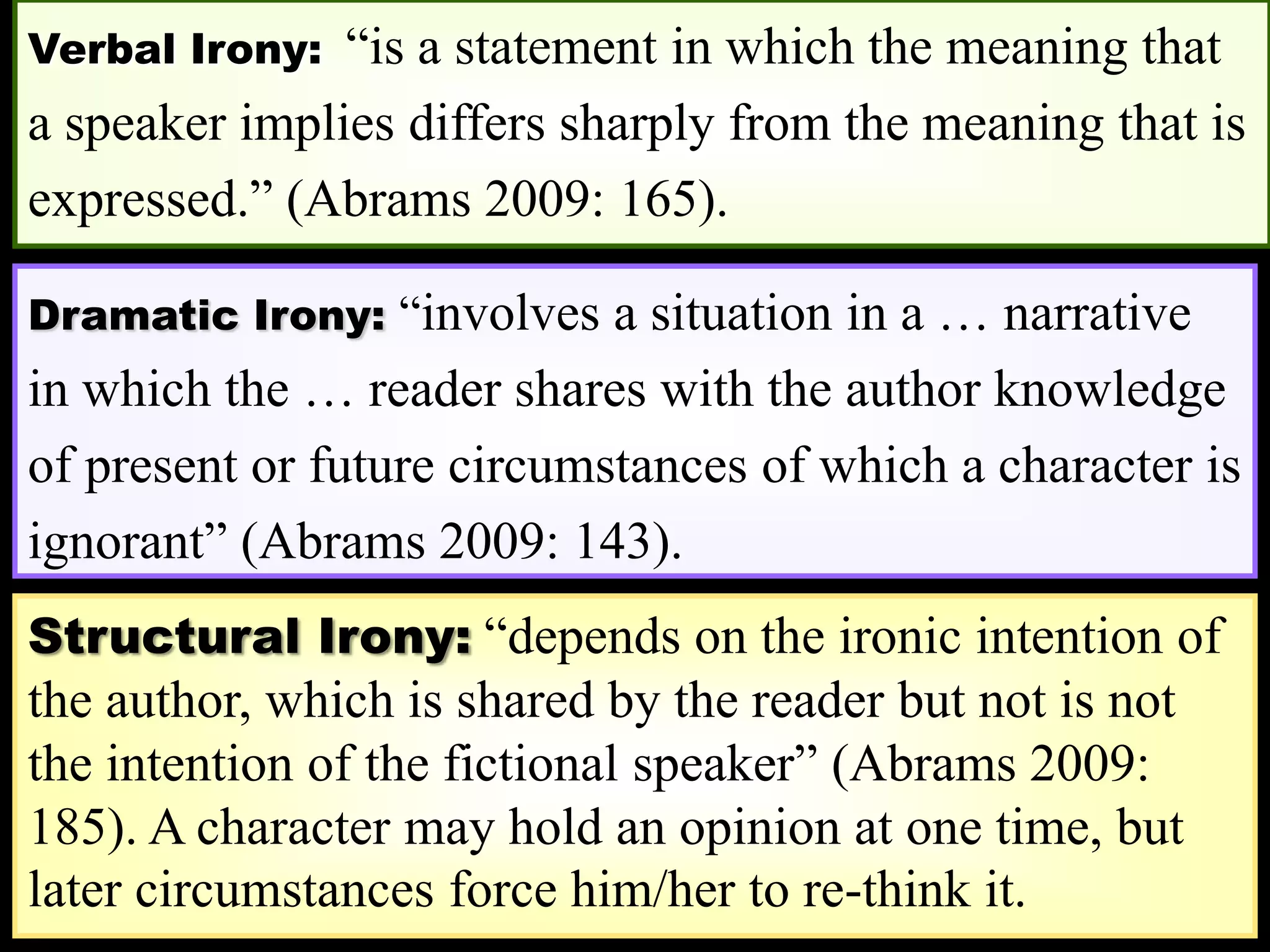21
Verbal Irony: ―is a statement in which the meaning that
a speaker implies differs sharply from the meaning that is
expressed.‖ (Abrams 2009: 165).
Structural Irony: ―depends on the ironic intention of
the author, which is shared by the reader but not is not
the intention of the fictional speaker‖ (Abrams 2009:
185). A character may hold an opinion at one time, but
later circumstances force him/her to re-think it.
Dramatic Irony: ―involves a situation in a … narrative
in which the … reader shares with the author knowledge
of present or future circumstances of which a character is
ignorant‖ (Abrams 2009: 143).
 