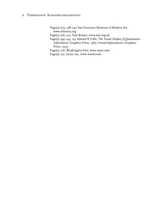 x Permission Acknowledgements


             Page(s) 109, 138–140 San Francisco Museum of Modern Art,
               www.sfmoma.org
             Page(s) 108, 122, Tate Britain, www.tate.org.uk
             Page(s) 144–145, 152 Edward R Tufte, The Visual Display of Quantitative
               Information, Graphics Press, 1983, Visual Explanations, Graphics
               Press, 1997.
             Page(s) 106, Washington Post, www.wpni.com
             Page(s) 107, Lycos, Inc. www.wired.com.
 