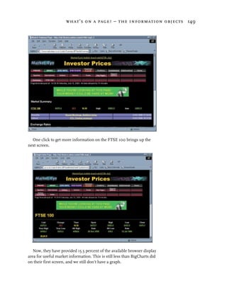 what’s on a page? – the information objects 149




  One click to get more information on the FTSE 100 brings up the
next screen.




   Now, they have provided 15.5 percent of the available browser display
area for useful market information. This is still less than BigCharts did
on their first screen, and we still don’t have a graph.
 
