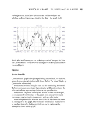 what’s on a page? – the information objects 151


for the gridlines, a dark blue (businesslike, conservative) for the
labelling and moving average, black for the data – the graph itself.




Think what a difference you can make to your site if you gave it a little
time. Both of these could obviously be improved further; consider how
you would do it.

Specials

A train timetable

Consider other graphical ways of presenting information, for example,
a way of presenting a train timetable (from Tufte’s The Visual Display of
Quantitative Information).
   The stations are listed along the side, and the times along the bottom.
Tufte recommends removing or lightening the grid lines to enhance the
information lines, representing the time at any given location.
   The stations are placed on the y axis relative to their distance apart,
so you can see from the slope of the graph, how quick a train is and
you can see clearly which trains connect with any other train.
   The whole graph could be made interactive, so the user could zoom
in on any part of the graph. The interactive nature could be employed
to purchase tickets by clicking on the from and to stations at the
appropriate times on the graph.
 