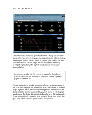 186 visual design




The user was able to enter the equity ticker symbol – though this cannot be
seen on this screen, or even this page, and so cannot be used without scrolling
and using the menu or the back button to examine other equities. The user
cannot see or adjust the date ranges, nor can they apply or see moving
averages though he thought it might be possible behind the interactive
charting button.



 Compare the graphs with the equivalent graphs for the industry
 sector, and compare the industry sector graphs with the equivalent
 graphs for FTSE sector.


The user was unable to specify or see other graphs, such as other companies in
the sector, the sector graph and information, or the FTSE, though he thought it
might be possible behind the interactive charting button. When he tried it, he
found he had lost the volume data and the price, PE and so on only the graph
was displayed. The display did not make it clear what sector this equity was in.
When the user tried clicking on the sector button (of the top of the screen) they
got a list of sectors, not details of the sector this equity was in.
 