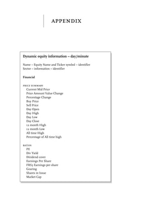 appendix



Dynamic equity information – day/minute

Name – Equity Name and Ticker symbol – identifier
Sector – information – identifier

Financial

price summary
  Current Mid Price
  Price Amount Value Change
  Percentage Change
  Buy Price
  Sell Price
  Day Open
  Day High
  Day Low
  Day Close
  12 month High
  12 month Low
  All time High
  Percentage of All time high

ratios
  PE
  Div Yield
  Dividend cover
  Earnings Per Share
  FRS3 Earnings per share
  Gearing
  Shares in Issue
  Market Cap
 