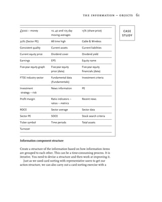 the information – objects 61



£3000 – money            10, 40 and 105 day      15% (share price)          case
                         moving averages                                   study
30% (Sector PE)          All time high           Cable & Wireless

Consistent quality       Current assets          Current liabilities

Current equity price     Dividend cover          Dividend yield

Earnings                 EPS                     Equity name

Five-year equity graph   Five-year equity        Five-year equity
                         price (data)            financials (data)

FTSE industry sector     Fundamental data        Investment criteria
                         (Fundamentals)

Investment               News information        PE
strategy – risk

Profit margin            Ratio indicators –      Recent news
                         ratios – metrics

ROCE                     Sector average          Sector data

Sector PE                SOCE                    Stock search criteria

Ticker symbol            Time periods            Total assets

Turnover



Information component structure

Create a structure of the information based on how information items
are grouped to each other. This can be a time-consuming process. It is
iterative. You need to devise a structure and then work at improving it.
   Just as we used card sorting with representative users to get our
action structure, we can also carry out a card sorting exercise with a
 