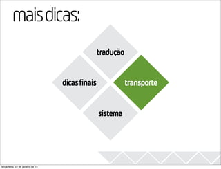 mais dicas:                                                    2013

                                             tradução


                                   dicasfinais             transporte


                                                 sistema




terça-feira, 22 de janeiro de 13
 