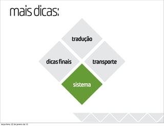 mais dicas:                                                    2013

                                             tradução


                                   dicasfinais             transporte


                                                 sistema




terça-feira, 22 de janeiro de 13
 