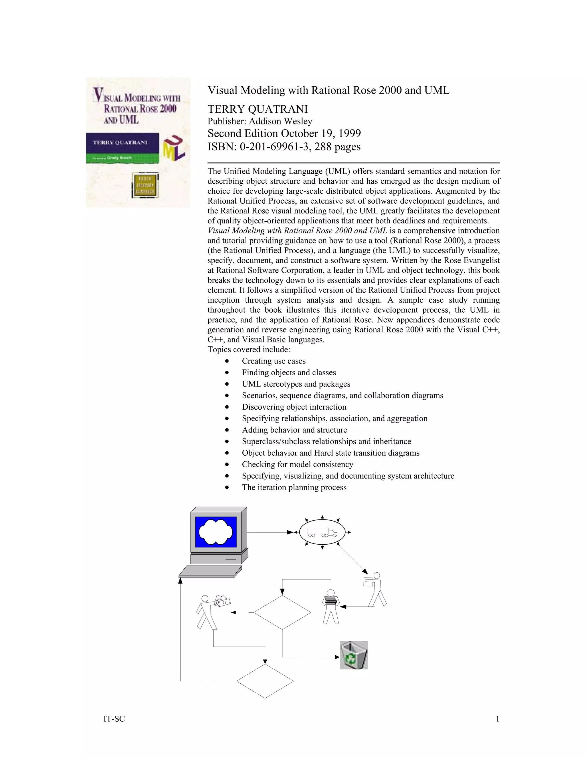 Visual Modeling with Rational Rose 2000 and UML
        TERRY QUATRANI
        Publisher: Addison Wesley
        Second Edition October 19, 1999
        ISBN: 0-201-69961-3, 288 pages

        The Unified Modeling Language (UML) offers standard semantics and notation for
        describing object structure and behavior and has emerged as the design medium of
        choice for developing large-scale distributed object applications. Augmented by the
        Rational Unified Process, an extensive set of software development guidelines, and
        the Rational Rose visual modeling tool, the UML greatly facilitates the development
        of quality object-oriented applications that meet both deadlines and requirements.
        Visual Modeling with Rational Rose 2000 and UML is a comprehensive introduction
        and tutorial providing guidance on how to use a tool (Rational Rose 2000), a process
        (the Rational Unified Process), and a language (the UML) to successfully visualize,
        specify, document, and construct a software system. Written by the Rose Evangelist
        at Rational Software Corporation, a leader in UML and object technology, this book
        breaks the technology down to its essentials and provides clear explanations of each
        element. It follows a simplified version of the Rational Unified Process from project
        inception through system analysis and design. A sample case study running
        throughout the book illustrates this iterative development process, the UML in
        practice, and the application of Rational Rose. New appendices demonstrate code
        generation and reverse engineering using Rational Rose 2000 with the Visual C++,
        C++, and Visual Basic languages.
        Topics covered include:
             • Creating use cases
             • Finding objects and classes
             • UML stereotypes and packages
             • Scenarios, sequence diagrams, and collaboration diagrams
             • Discovering object interaction
             • Specifying relationships, association, and aggregation
             • Adding behavior and structure
             • Superclass/subclass relationships and inheritance
             • Object behavior and Harel state transition diagrams
             • Checking for model consistency
             • Specifying, visualizing, and documenting system architecture
             • The iteration planning process
          $
          $




IT-SC                                                                                      1
 