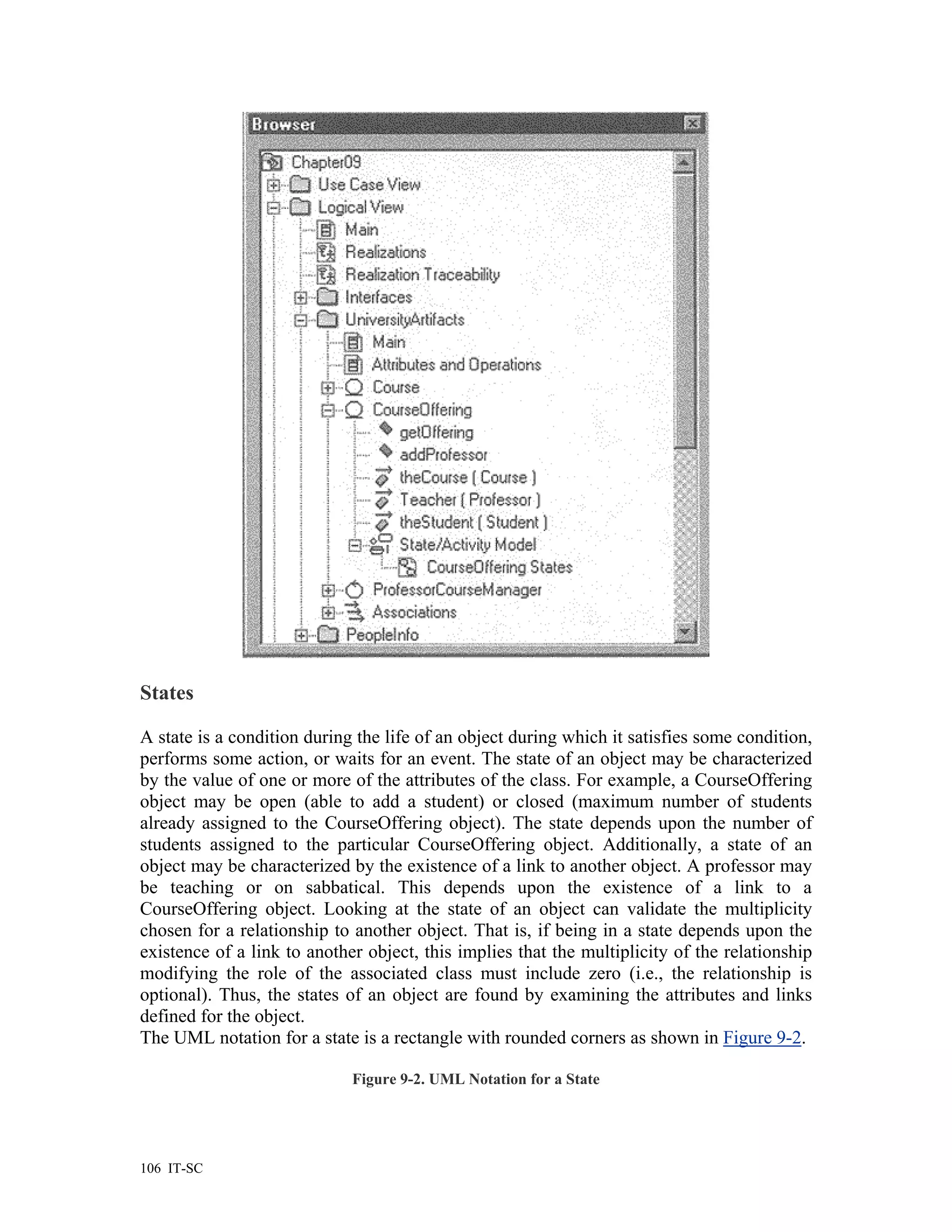 States

A state is a condition during the life of an object during which it satisfies some condition,
performs some action, or waits for an event. The state of an object may be characterized
by the value of one or more of the attributes of the class. For example, a CourseOffering
object may be open (able to add a student) or closed (maximum number of students
already assigned to the CourseOffering object). The state depends upon the number of
students assigned to the particular CourseOffering object. Additionally, a state of an
object may be characterized by the existence of a link to another object. A professor may
be teaching or on sabbatical. This depends upon the existence of a link to a
CourseOffering object. Looking at the state of an object can validate the multiplicity
chosen for a relationship to another object. That is, if being in a state depends upon the
existence of a link to another object, this implies that the multiplicity of the relationship
modifying the role of the associated class must include zero (i.e., the relationship is
optional). Thus, the states of an object are found by examining the attributes and links
defined for the object.
The UML notation for a state is a rectangle with rounded corners as shown in Figure 9-2.

                             Figure 9-2. UML Notation for a State




106 IT-SC
 