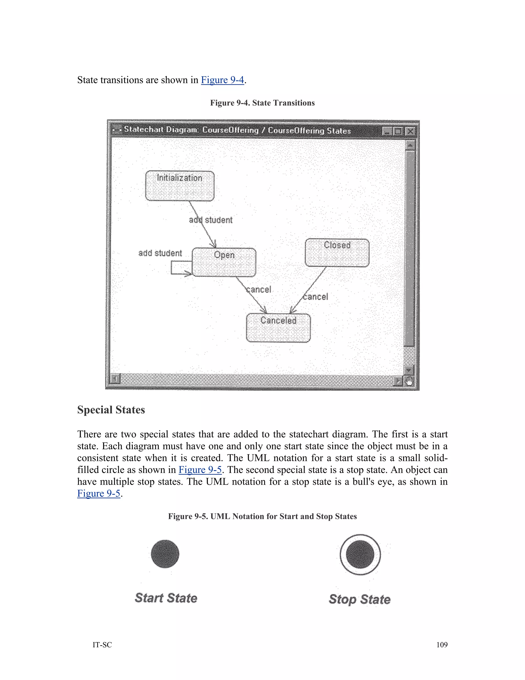 State transitions are shown in Figure 9-4.

                                 Figure 9-4. State Transitions




Special States

There are two special states that are added to the statechart diagram. The first is a start
state. Each diagram must have one and only one start state since the object must be in a
consistent state when it is created. The UML notation for a start state is a small solid-
filled circle as shown in Figure 9-5. The second special state is a stop state. An object can
have multiple stop states. The UML notation for a stop state is a bull's eye, as shown in
Figure 9-5.

                      Figure 9-5. UML Notation for Start and Stop States




   IT-SC                                                                                  109
 