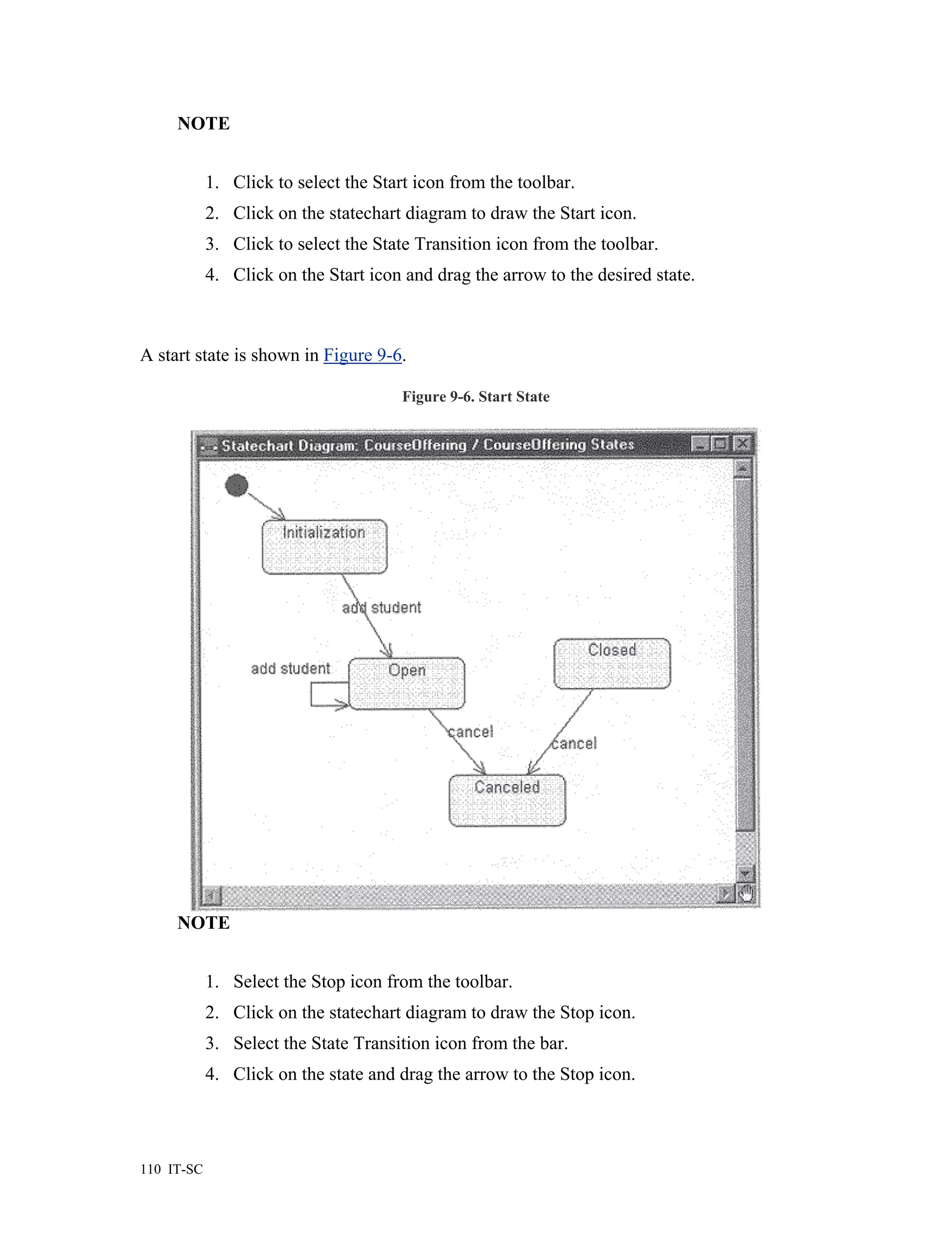 NOTE


            1. Click to select the Start icon from the toolbar.
            2. Click on the statechart diagram to draw the Start icon.
            3. Click to select the State Transition icon from the toolbar.
            4. Click on the Start icon and drag the arrow to the desired state.



A start state is shown in Figure 9-6.

                                       Figure 9-6. Start State




     NOTE


            1. Select the Stop icon from the toolbar.
            2. Click on the statechart diagram to draw the Stop icon.
            3. Select the State Transition icon from the bar.
            4. Click on the state and drag the arrow to the Stop icon.




110 IT-SC
 