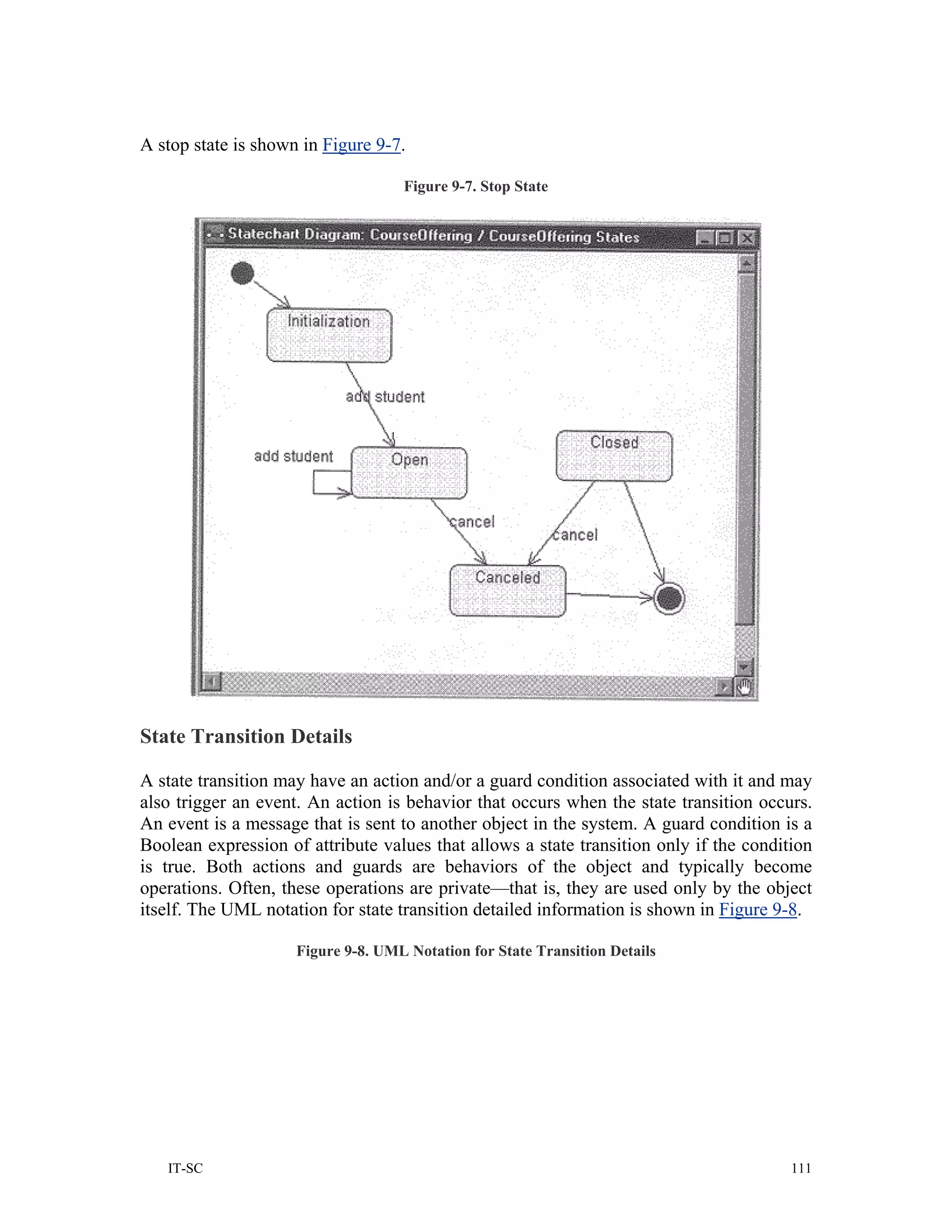 A stop state is shown in Figure 9-7.

                                    Figure 9-7. Stop State




State Transition Details

A state transition may have an action and/or a guard condition associated with it and may
also trigger an event. An action is behavior that occurs when the state transition occurs.
An event is a message that is sent to another object in the system. A guard condition is a
Boolean expression of attribute values that allows a state transition only if the condition
is true. Both actions and guards are behaviors of the object and typically become
operations. Often, these operations are private—that is, they are used only by the object
itself. The UML notation for state transition detailed information is shown in Figure 9-8.

                     Figure 9-8. UML Notation for State Transition Details




   IT-SC                                                                                111
 