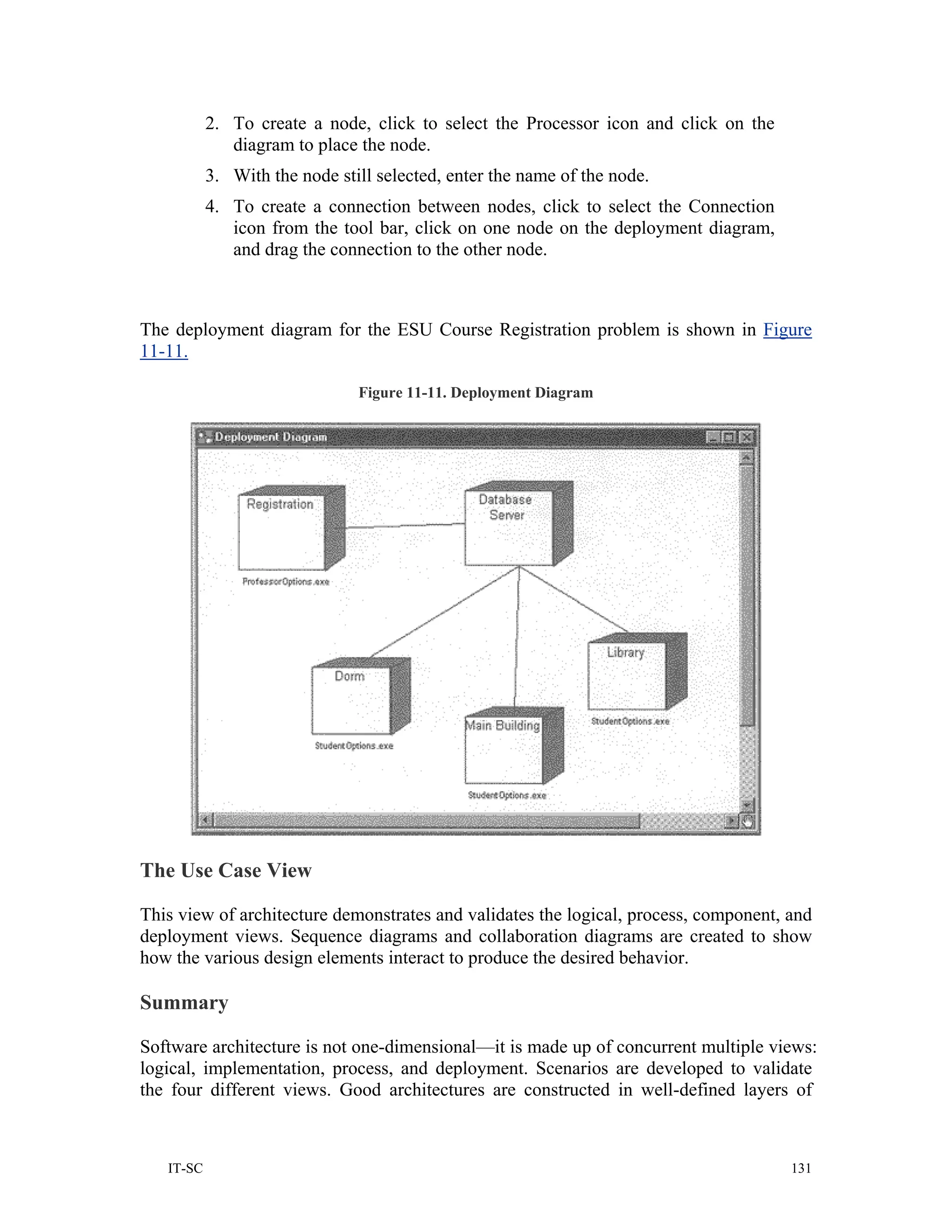2. To create a node, click to select the Processor icon and click on the
              diagram to place the node.
           3. With the node still selected, enter the name of the node.
           4. To create a connection between nodes, click to select the Connection
              icon from the tool bar, click on one node on the deployment diagram,
              and drag the connection to the other node.



The deployment diagram for the ESU Course Registration problem is shown in Figure
11-11.

                               Figure 11-11. Deployment Diagram




The Use Case View

This view of architecture demonstrates and validates the logical, process, component, and
deployment views. Sequence diagrams and collaboration diagrams are created to show
how the various design elements interact to produce the desired behavior.

Summary

Software architecture is not one-dimensional—it is made up of concurrent multiple views:
logical, implementation, process, and deployment. Scenarios are developed to validate
the four different views. Good architectures are constructed in well-defined layers of



   IT-SC                                                                              131
 