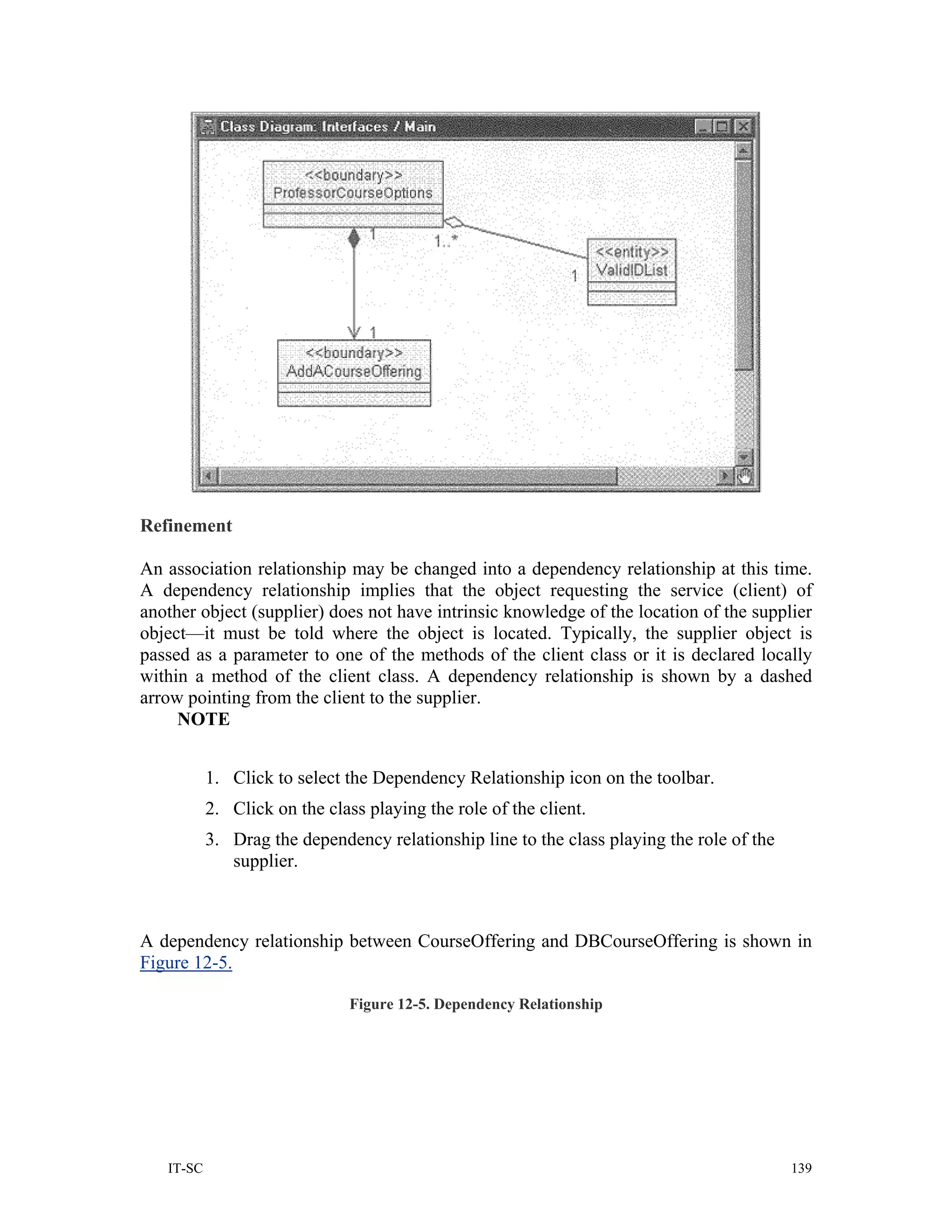 Refinement

An association relationship may be changed into a dependency relationship at this time.
A dependency relationship implies that the object requesting the service (client) of
another object (supplier) does not have intrinsic knowledge of the location of the supplier
object—it must be told where the object is located. Typically, the supplier object is
passed as a parameter to one of the methods of the client class or it is declared locally
within a method of the client class. A dependency relationship is shown by a dashed
arrow pointing from the client to the supplier.
     NOTE


           1. Click to select the Dependency Relationship icon on the toolbar.
           2. Click on the class playing the role of the client.
           3. Drag the dependency relationship line to the class playing the role of the
              supplier.



A dependency relationship between CourseOffering and DBCourseOffering is shown in
Figure 12-5.

                               Figure 12-5. Dependency Relationship




   IT-SC                                                                                   139
 