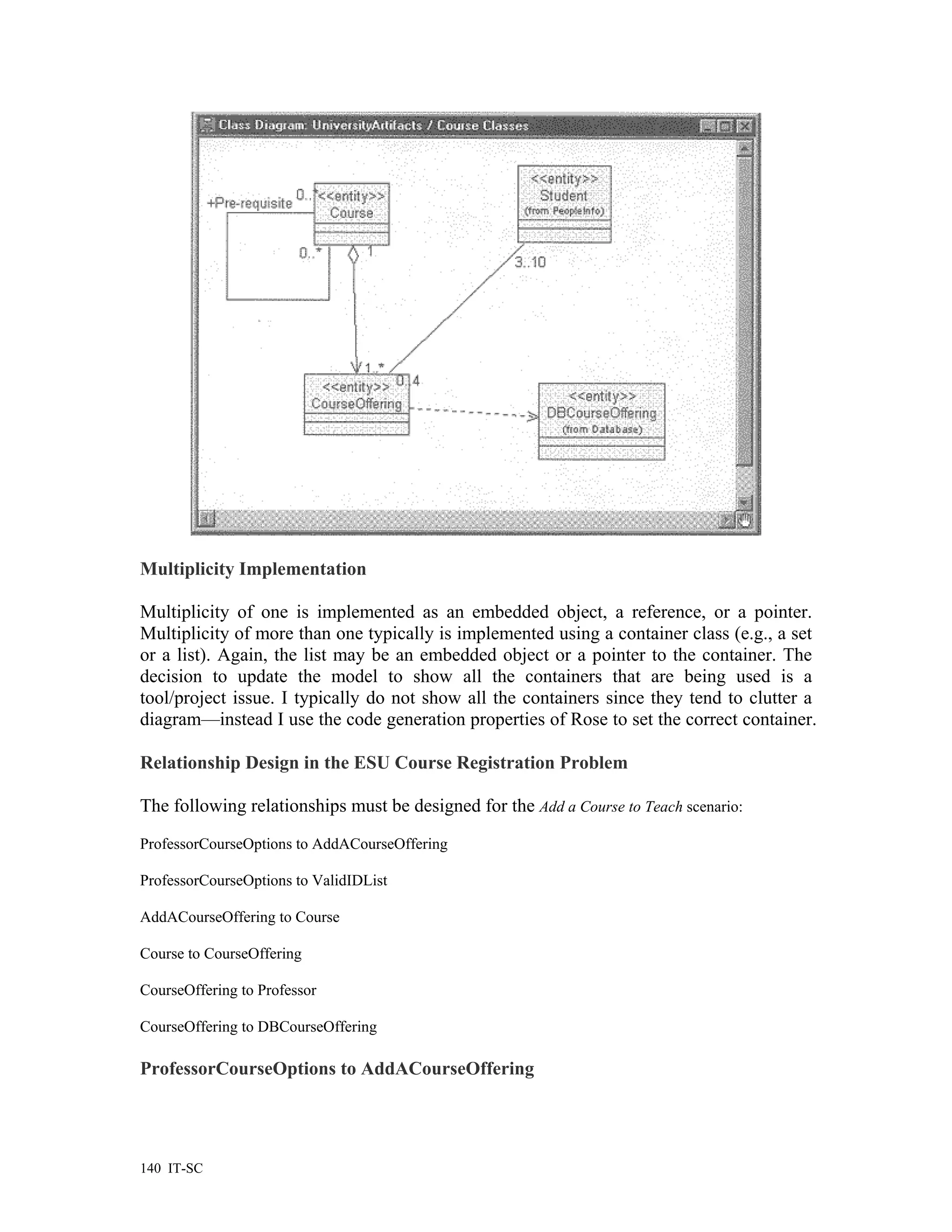 Multiplicity Implementation

Multiplicity of one is implemented as an embedded object, a reference, or a pointer.
Multiplicity of more than one typically is implemented using a container class (e.g., a set
or a list). Again, the list may be an embedded object or a pointer to the container. The
decision to update the model to show all the containers that are being used is a
tool/project issue. I typically do not show all the containers since they tend to clutter a
diagram—instead I use the code generation properties of Rose to set the correct container.

Relationship Design in the ESU Course Registration Problem

The following relationships must be designed for the Add a Course to Teach scenario:
ProfessorCourseOptions to AddACourseOffering

ProfessorCourseOptions to ValidIDList

AddACourseOffering to Course

Course to CourseOffering

CourseOffering to Professor

CourseOffering to DBCourseOffering

ProfessorCourseOptions to AddACourseOffering




140 IT-SC
 