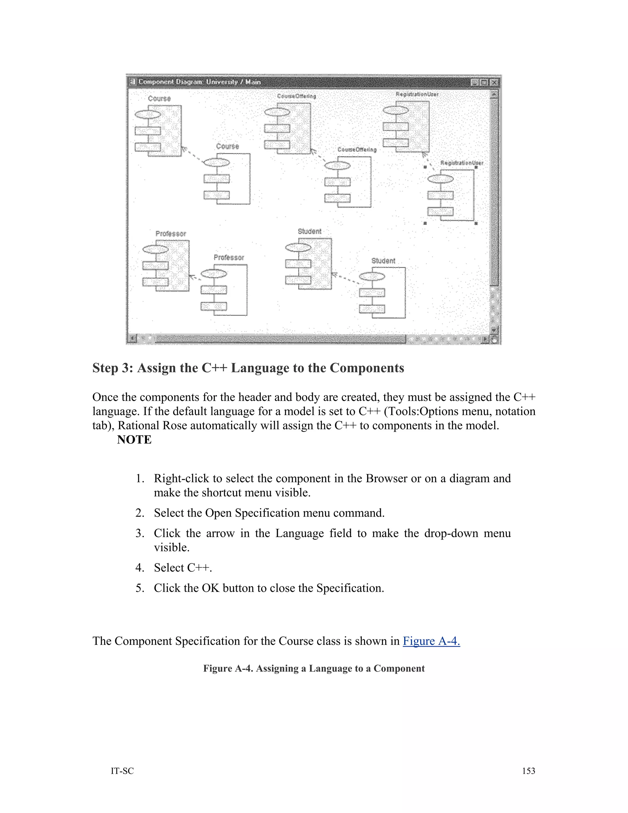 Step 3: Assign the C++ Language to the Components

Once the components for the header and body are created, they must be assigned the C++
language. If the default language for a model is set to C++ (Tools:Options menu, notation
tab), Rational Rose automatically will assign the C++ to components in the model.
      NOTE


           1. Right-click to select the component in the Browser or on a diagram and
              make the shortcut menu visible.
           2. Select the Open Specification menu command.
           3. Click the arrow in the Language field to make the drop-down menu
              visible.
           4. Select C++.
           5. Click the OK button to close the Specification.



The Component Specification for the Course class is shown in Figure A-4.

                        Figure A-4. Assigning a Language to a Component




   IT-SC                                                                               153
 