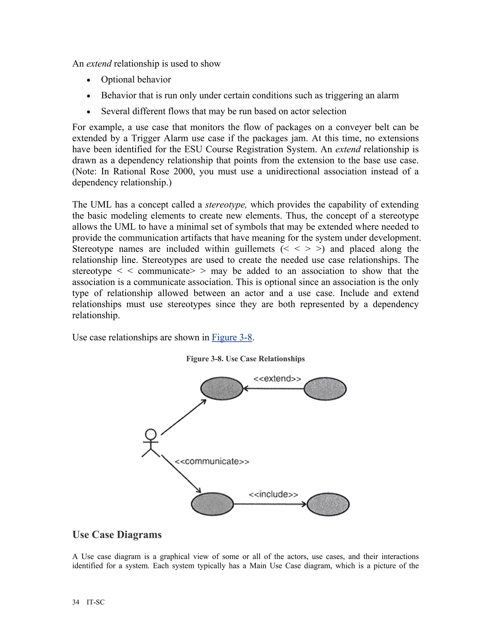 An extend relationship is used to show
     •   Optional behavior
     •   Behavior that is run only under certain conditions such as triggering an alarm
     •   Several different flows that may be run based on actor selection
For example, a use case that monitors the flow of packages on a conveyer belt can be
extended by a Trigger Alarm use case if the packages jam. At this time, no extensions
have been identified for the ESU Course Registration System. An extend relationship is
drawn as a dependency relationship that points from the extension to the base use case.
(Note: In Rational Rose 2000, you must use a unidirectional association instead of a
dependency relationship.)

The UML has a concept called a stereotype, which provides the capability of extending
the basic modeling elements to create new elements. Thus, the concept of a stereotype
allows the UML to have a minimal set of symbols that may be extended where needed to
provide the communication artifacts that have meaning for the system under development.
Stereotype names are included within guillemets (< < > >) and placed along the
relationship line. Stereotypes are used to create the needed use case relationships. The
stereotype < < communicate> > may be added to an association to show that the
association is a communicate association. This is optional since an association is the only
type of relationship allowed between an actor and a use case. Include and extend
relationships must use stereotypes since they are both represented by a dependency
relationship.

Use case relationships are shown in Figure 3-8.

                                 Figure 3-8. Use Case Relationships




Use Case Diagrams
A Use case diagram is a graphical view of some or all of the actors, use cases, and their interactions
identified for a system. Each system typically has a Main Use Case diagram, which is a picture of the



34   IT-SC
 