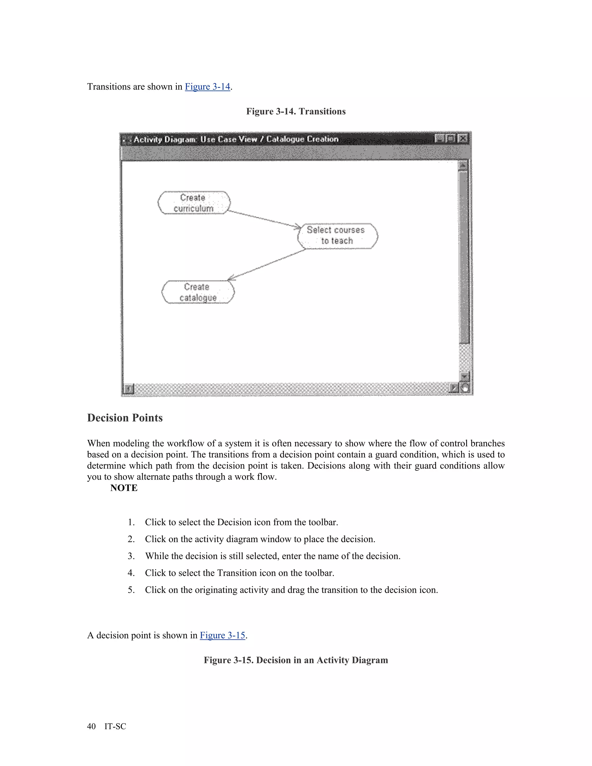 Transitions are shown in Figure 3-14.

                                             Figure 3-14. Transitions




Decision Points

When modeling the workflow of a system it is often necessary to show where the flow of control branches
based on a decision point. The transitions from a decision point contain a guard condition, which is used to
determine which path from the decision point is taken. Decisions along with their guard conditions allow
you to show alternate paths through a work flow.
      NOTE


             1.   Click to select the Decision icon from the toolbar.
             2.   Click on the activity diagram window to place the decision.
             3.   While the decision is still selected, enter the name of the decision.
             4.   Click to select the Transition icon on the toolbar.
             5.   Click on the originating activity and drag the transition to the decision icon.



A decision point is shown in Figure 3-15.

                                 Figure 3-15. Decision in an Activity Diagram




40   IT-SC
 