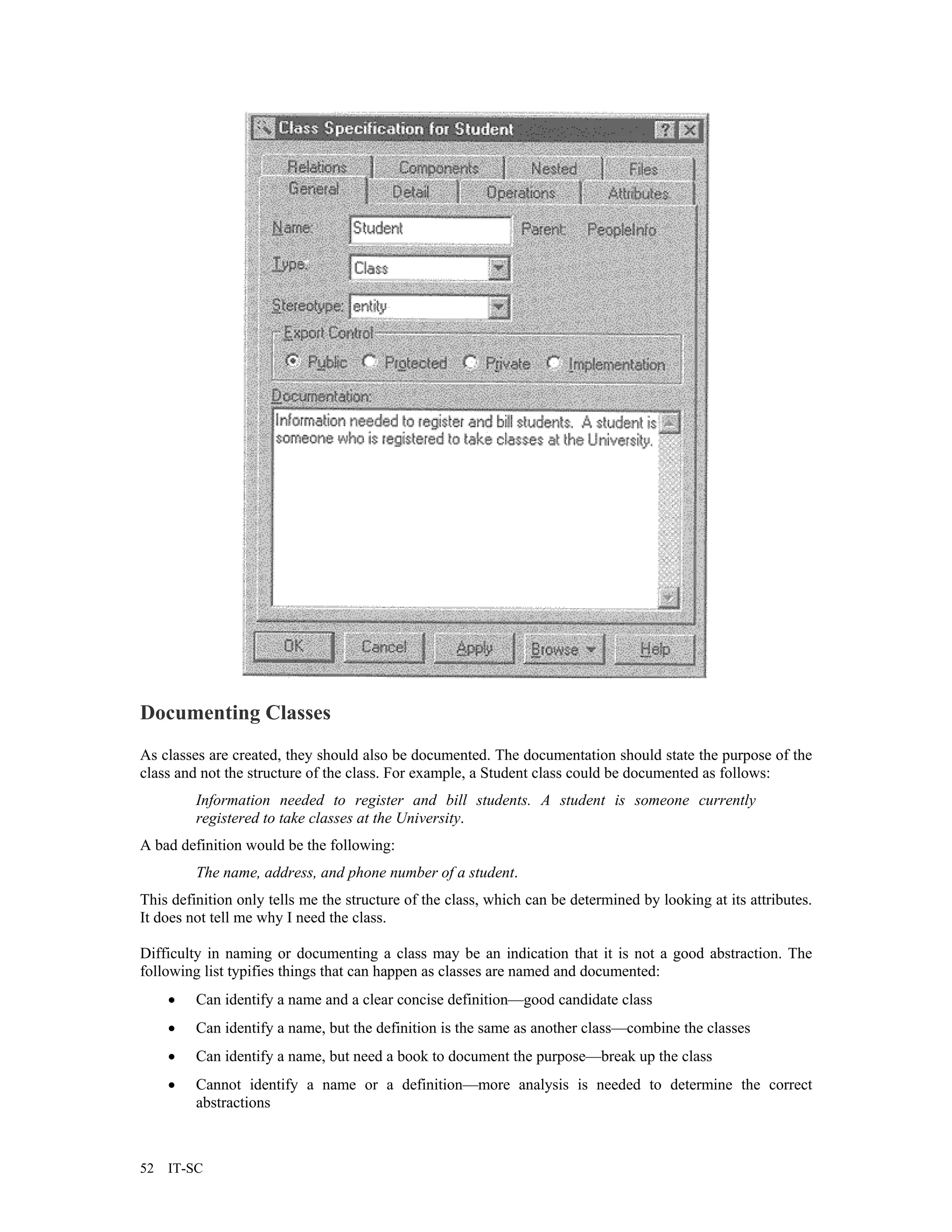 Documenting Classes
As classes are created, they should also be documented. The documentation should state the purpose of the
class and not the structure of the class. For example, a Student class could be documented as follows:
         Information needed to register and bill students. A student is someone currently
         registered to take classes at the University.
A bad definition would be the following:
         The name, address, and phone number of a student.
This definition only tells me the structure of the class, which can be determined by looking at its attributes.
It does not tell me why I need the class.

Difficulty in naming or documenting a class may be an indication that it is not a good abstraction. The
following list typifies things that can happen as classes are named and documented:
     •   Can identify a name and a clear concise definition—good candidate class
     •   Can identify a name, but the definition is the same as another class—combine the classes
     •   Can identify a name, but need a book to document the purpose—break up the class
     •   Cannot identify a name or a definition—more analysis is needed to determine the correct
         abstractions



52   IT-SC
 