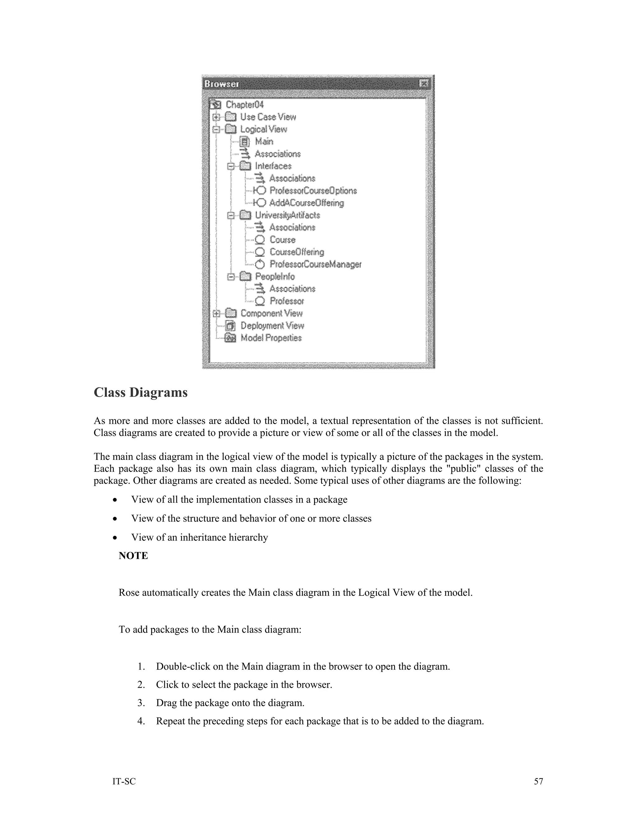 Class Diagrams
As more and more classes are added to the model, a textual representation of the classes is not sufficient.
Class diagrams are created to provide a picture or view of some or all of the classes in the model.

The main class diagram in the logical view of the model is typically a picture of the packages in the system.
Each package also has its own main class diagram, which typically displays the "public" classes of the
package. Other diagrams are created as needed. Some typical uses of other diagrams are the following:
    •     View of all the implementation classes in a package
    •     View of the structure and behavior of one or more classes
    •     View of an inheritance hierarchy
        NOTE


        Rose automatically creates the Main class diagram in the Logical View of the model.


        To add packages to the Main class diagram:


            1.   Double-click on the Main diagram in the browser to open the diagram.
            2.   Click to select the package in the browser.
            3.   Drag the package onto the diagram.
            4.   Repeat the preceding steps for each package that is to be added to the diagram.




    IT-SC                                                                                                 57
 