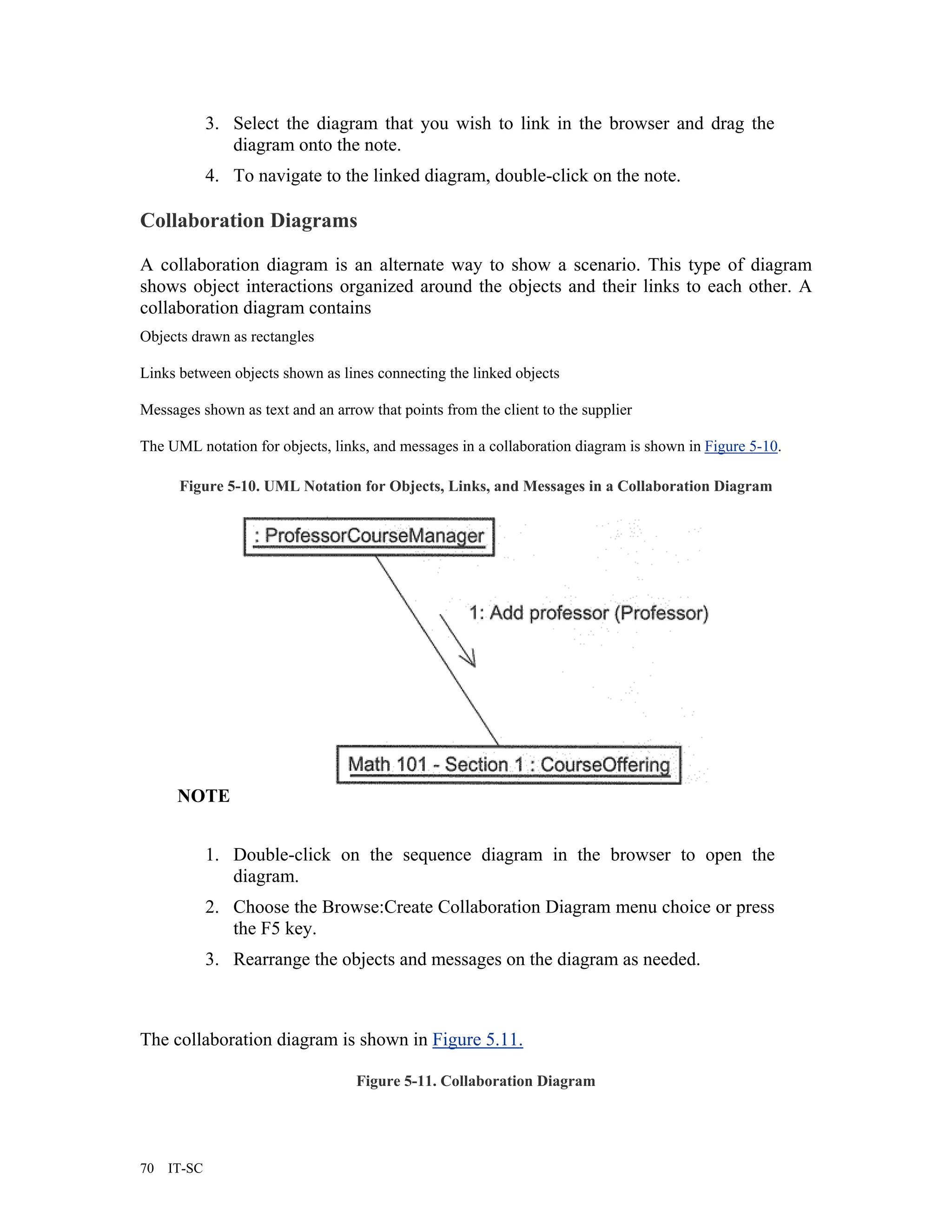 3. Select the diagram that you wish to link in the browser and drag the
                diagram onto the note.
             4. To navigate to the linked diagram, double-click on the note.

Collaboration Diagrams

A collaboration diagram is an alternate way to show a scenario. This type of diagram
shows object interactions organized around the objects and their links to each other. A
collaboration diagram contains
Objects drawn as rectangles

Links between objects shown as lines connecting the linked objects

Messages shown as text and an arrow that points from the client to the supplier

The UML notation for objects, links, and messages in a collaboration diagram is shown in Figure 5-10.

      Figure 5-10. UML Notation for Objects, Links, and Messages in a Collaboration Diagram




      NOTE


             1. Double-click on the sequence diagram in the browser to open the
                diagram.
             2. Choose the Browse:Create Collaboration Diagram menu choice or press
                the F5 key.
             3. Rearrange the objects and messages on the diagram as needed.



The collaboration diagram is shown in Figure 5.11.

                                  Figure 5-11. Collaboration Diagram




70   IT-SC
 