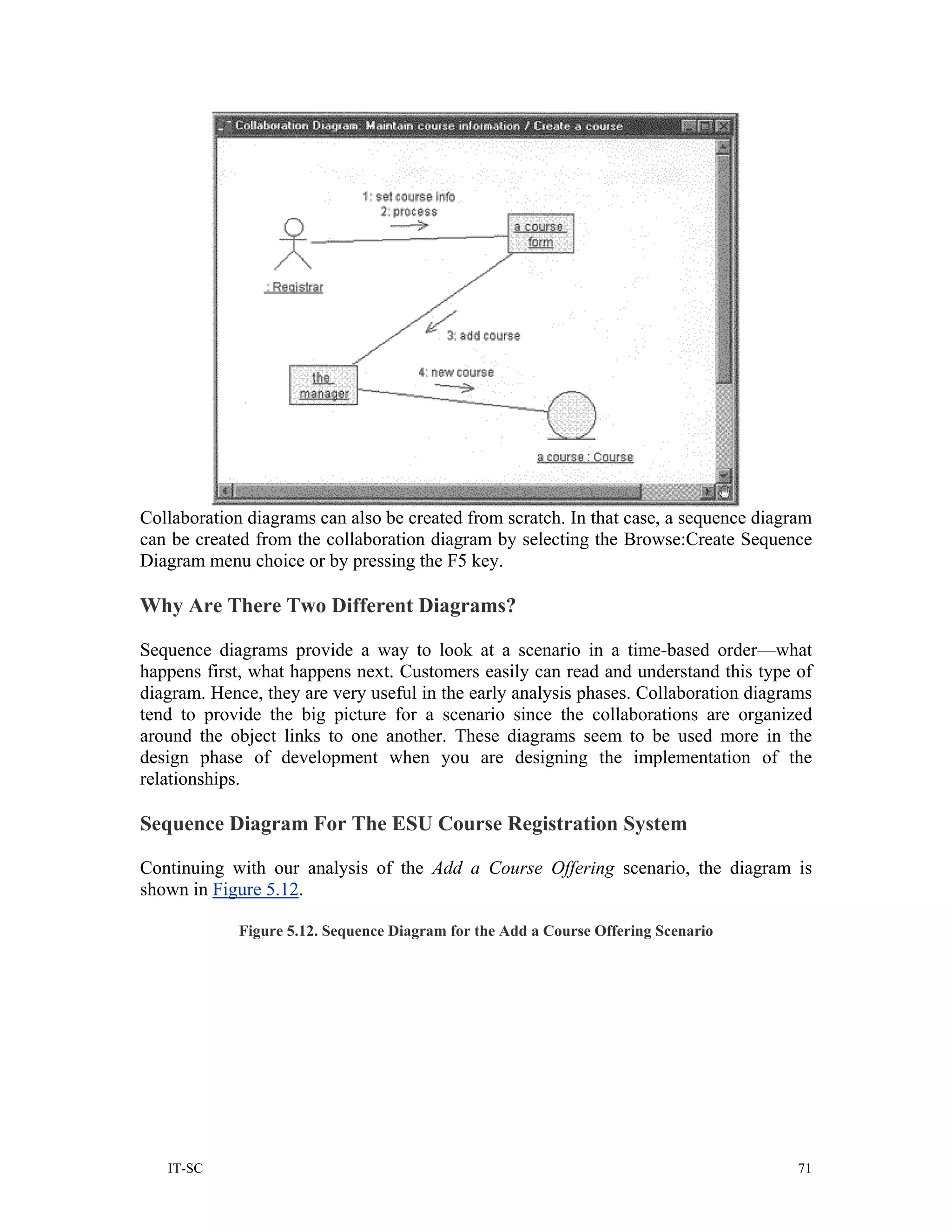 Collaboration diagrams can also be created from scratch. In that case, a sequence diagram
can be created from the collaboration diagram by selecting the Browse:Create Sequence
Diagram menu choice or by pressing the F5 key.

Why Are There Two Different Diagrams?

Sequence diagrams provide a way to look at a scenario in a time-based order—what
happens first, what happens next. Customers easily can read and understand this type of
diagram. Hence, they are very useful in the early analysis phases. Collaboration diagrams
tend to provide the big picture for a scenario since the collaborations are organized
around the object links to one another. These diagrams seem to be used more in the
design phase of development when you are designing the implementation of the
relationships.

Sequence Diagram For The ESU Course Registration System

Continuing with our analysis of the Add a Course Offering scenario, the diagram is
shown in Figure 5.12.

             Figure 5.12. Sequence Diagram for the Add a Course Offering Scenario




   IT-SC                                                                               71
 