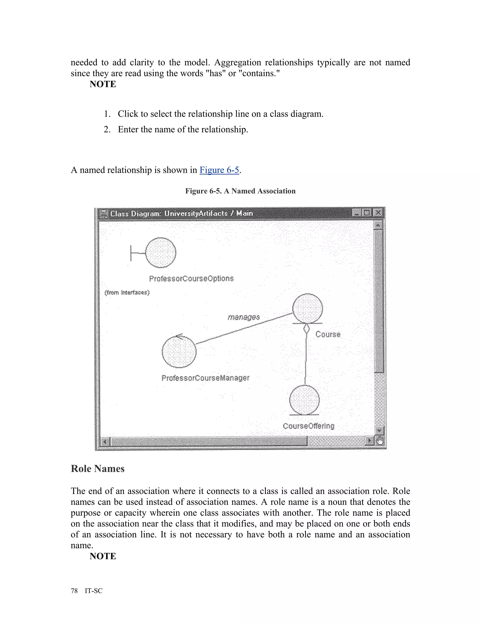 needed to add clarity to the model. Aggregation relationships typically are not named
since they are read using the words "has" or "contains."
     NOTE


             1. Click to select the relationship line on a class diagram.
             2. Enter the name of the relationship.



A named relationship is shown in Figure 6-5.

                                   Figure 6-5. A Named Association




Role Names

The end of an association where it connects to a class is called an association role. Role
names can be used instead of association names. A role name is a noun that denotes the
purpose or capacity wherein one class associates with another. The role name is placed
on the association near the class that it modifies, and may be placed on one or both ends
of an association line. It is not necessary to have both a role name and an association
name.
     NOTE


78   IT-SC
 