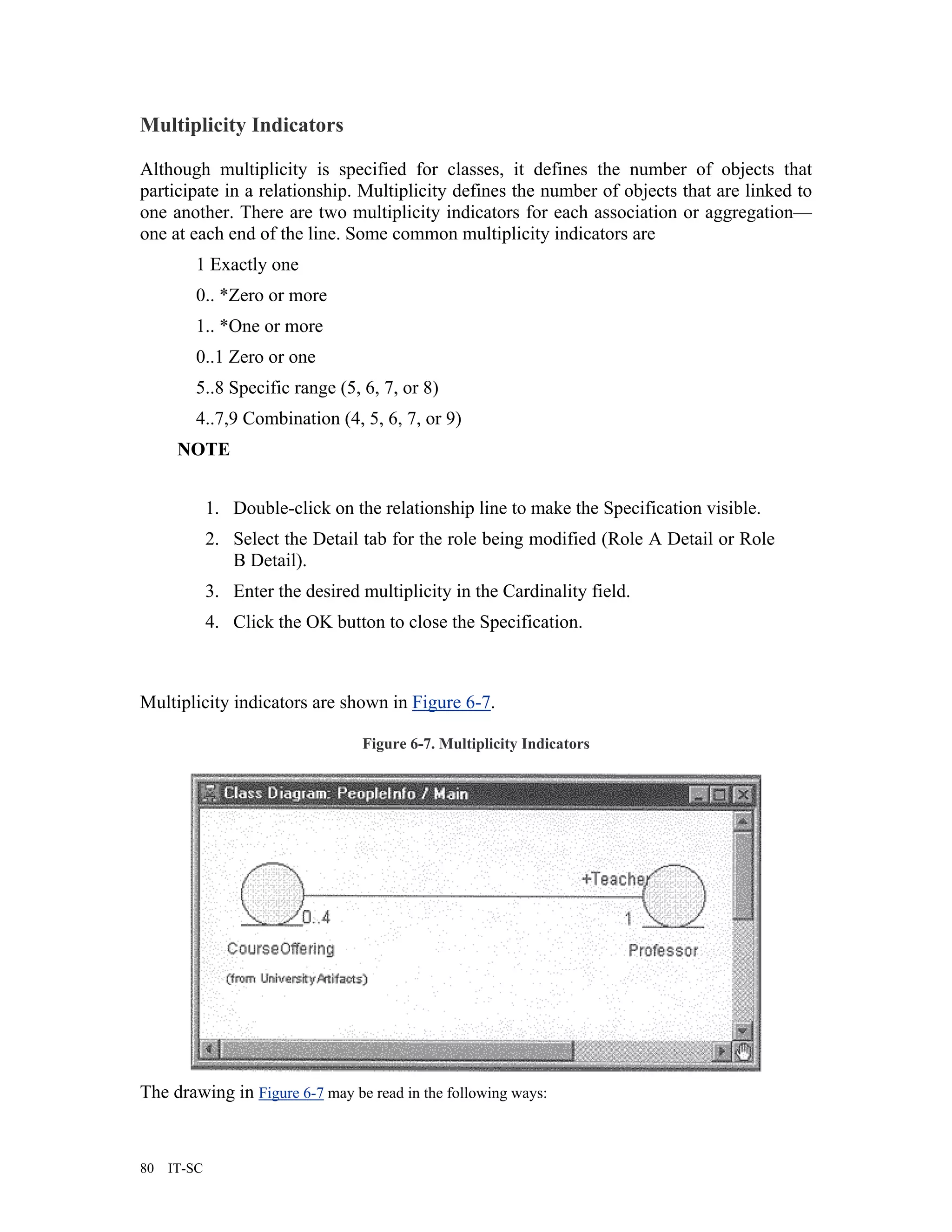 Multiplicity Indicators

Although multiplicity is specified for classes, it defines the number of objects that
participate in a relationship. Multiplicity defines the number of objects that are linked to
one another. There are two multiplicity indicators for each association or aggregation—
one at each end of the line. Some common multiplicity indicators are
         1 Exactly one
         0.. *Zero or more
         1.. *One or more
         0..1 Zero or one
         5..8 Specific range (5, 6, 7, or 8)
         4..7,9 Combination (4, 5, 6, 7, or 9)
      NOTE


             1. Double-click on the relationship line to make the Specification visible.
             2. Select the Detail tab for the role being modified (Role A Detail or Role
                B Detail).
             3. Enter the desired multiplicity in the Cardinality field.
             4. Click the OK button to close the Specification.



Multiplicity indicators are shown in Figure 6-7.

                                  Figure 6-7. Multiplicity Indicators




The drawing in Figure 6-7 may be read in the following ways:



80   IT-SC
 