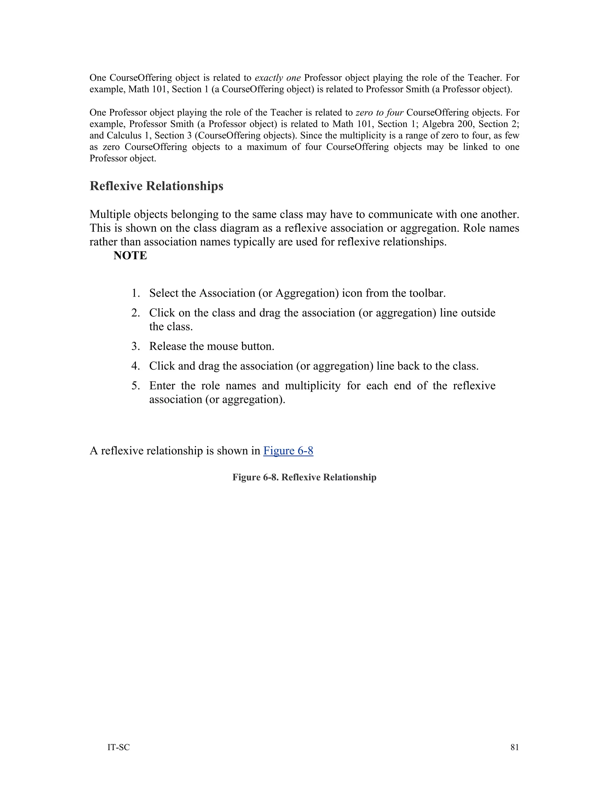 One CourseOffering object is related to exactly one Professor object playing the role of the Teacher. For
example, Math 101, Section 1 (a CourseOffering object) is related to Professor Smith (a Professor object).

One Professor object playing the role of the Teacher is related to zero to four CourseOffering objects. For
example, Professor Smith (a Professor object) is related to Math 101, Section 1; Algebra 200, Section 2;
and Calculus 1, Section 3 (CourseOffering objects). Since the multiplicity is a range of zero to four, as few
as zero CourseOffering objects to a maximum of four CourseOffering objects may be linked to one
Professor object.

Reflexive Relationships

Multiple objects belonging to the same class may have to communicate with one another.
This is shown on the class diagram as a reflexive association or aggregation. Role names
rather than association names typically are used for reflexive relationships.
     NOTE


            1. Select the Association (or Aggregation) icon from the toolbar.
            2. Click on the class and drag the association (or aggregation) line outside
               the class.
            3. Release the mouse button.
            4. Click and drag the association (or aggregation) line back to the class.
            5. Enter the role names and multiplicity for each end of the reflexive
               association (or aggregation).



A reflexive relationship is shown in Figure 6-8

                                    Figure 6-8. Reflexive Relationship




    IT-SC                                                                                                 81
 