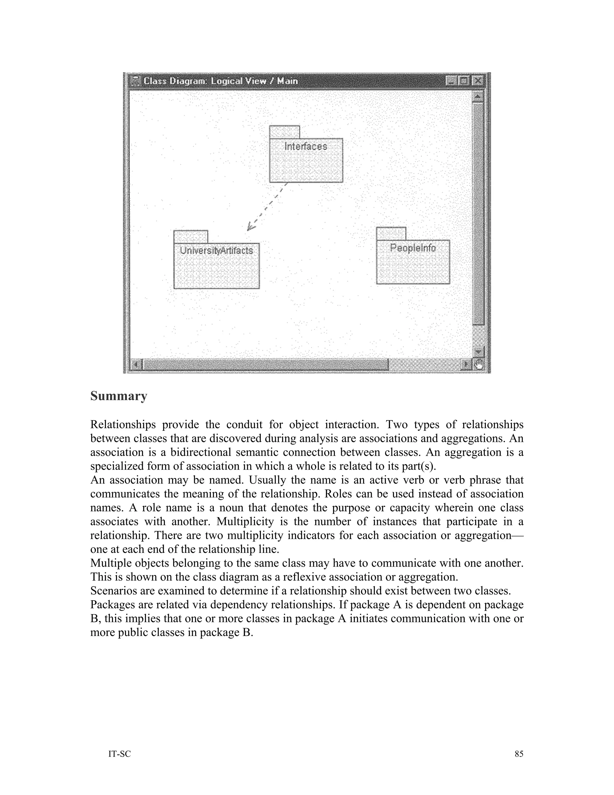 Summary

Relationships provide the conduit for object interaction. Two types of relationships
between classes that are discovered during analysis are associations and aggregations. An
association is a bidirectional semantic connection between classes. An aggregation is a
specialized form of association in which a whole is related to its part(s).
An association may be named. Usually the name is an active verb or verb phrase that
communicates the meaning of the relationship. Roles can be used instead of association
names. A role name is a noun that denotes the purpose or capacity wherein one class
associates with another. Multiplicity is the number of instances that participate in a
relationship. There are two multiplicity indicators for each association or aggregation—
one at each end of the relationship line.
Multiple objects belonging to the same class may have to communicate with one another.
This is shown on the class diagram as a reflexive association or aggregation.
Scenarios are examined to determine if a relationship should exist between two classes.
Packages are related via dependency relationships. If package A is dependent on package
B, this implies that one or more classes in package A initiates communication with one or
more public classes in package B.




   IT-SC                                                                               85
 