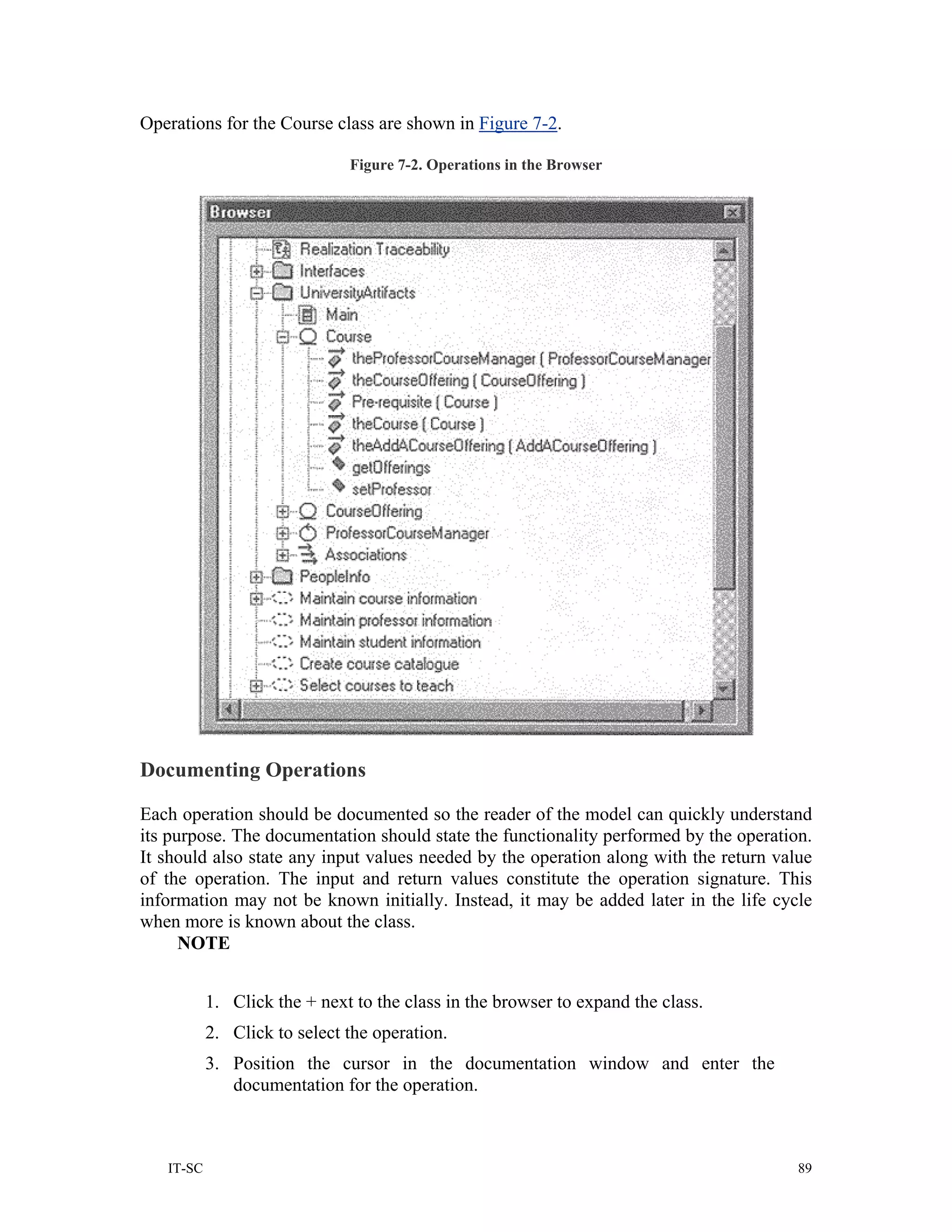 Operations for the Course class are shown in Figure 7-2.

                              Figure 7-2. Operations in the Browser




Documenting Operations

Each operation should be documented so the reader of the model can quickly understand
its purpose. The documentation should state the functionality performed by the operation.
It should also state any input values needed by the operation along with the return value
of the operation. The input and return values constitute the operation signature. This
information may not be known initially. Instead, it may be added later in the life cycle
when more is known about the class.
      NOTE


           1. Click the + next to the class in the browser to expand the class.
           2. Click to select the operation.
           3. Position the cursor in the documentation window and enter the
              documentation for the operation.



   IT-SC                                                                               89
 
