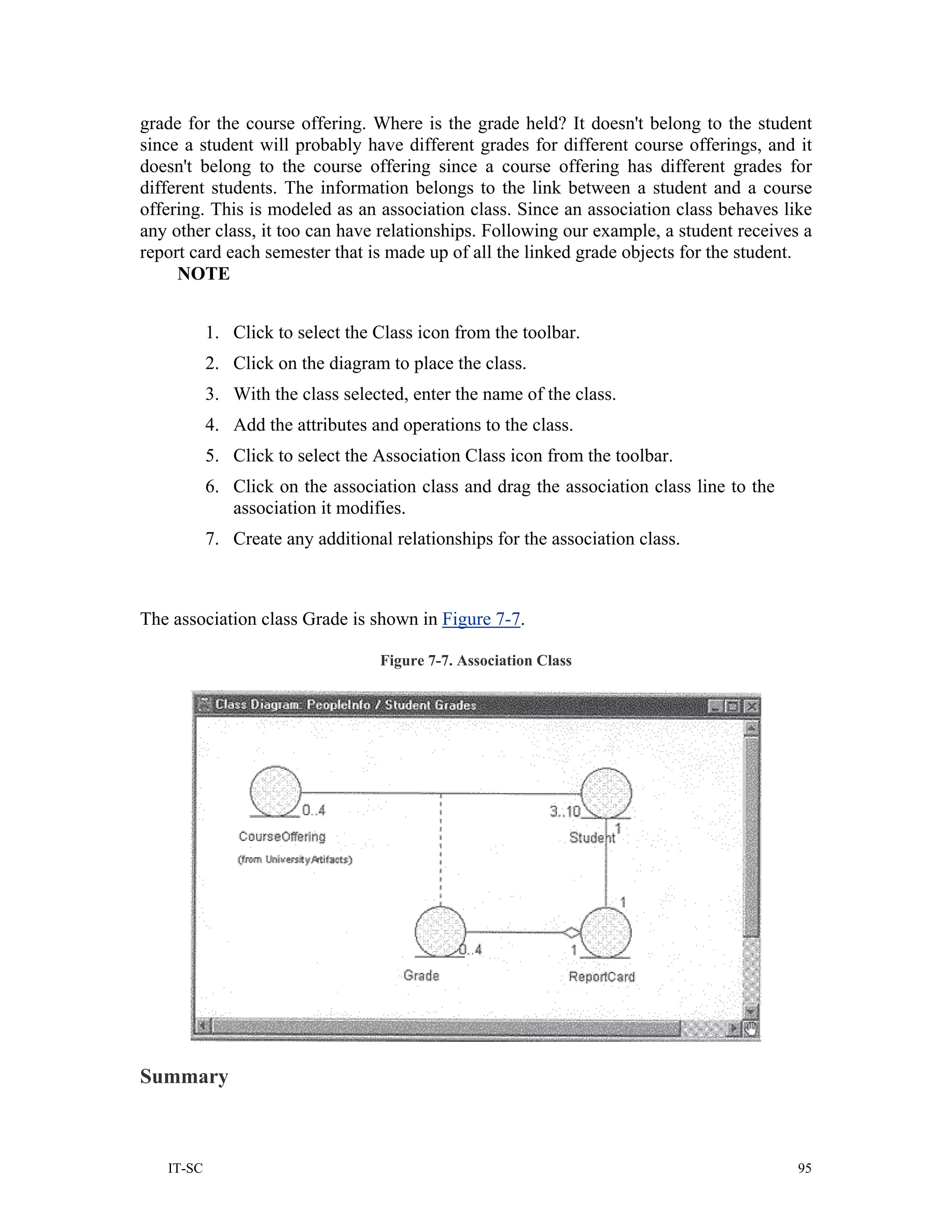 grade for the course offering. Where is the grade held? It doesn't belong to the student
since a student will probably have different grades for different course offerings, and it
doesn't belong to the course offering since a course offering has different grades for
different students. The information belongs to the link between a student and a course
offering. This is modeled as an association class. Since an association class behaves like
any other class, it too can have relationships. Following our example, a student receives a
report card each semester that is made up of all the linked grade objects for the student.
     NOTE


           1. Click to select the Class icon from the toolbar.
           2. Click on the diagram to place the class.
           3. With the class selected, enter the name of the class.
           4. Add the attributes and operations to the class.
           5. Click to select the Association Class icon from the toolbar.
           6. Click on the association class and drag the association class line to the
              association it modifies.
           7. Create any additional relationships for the association class.



The association class Grade is shown in Figure 7-7.

                                  Figure 7-7. Association Class




Summary



   IT-SC                                                                                  95
 