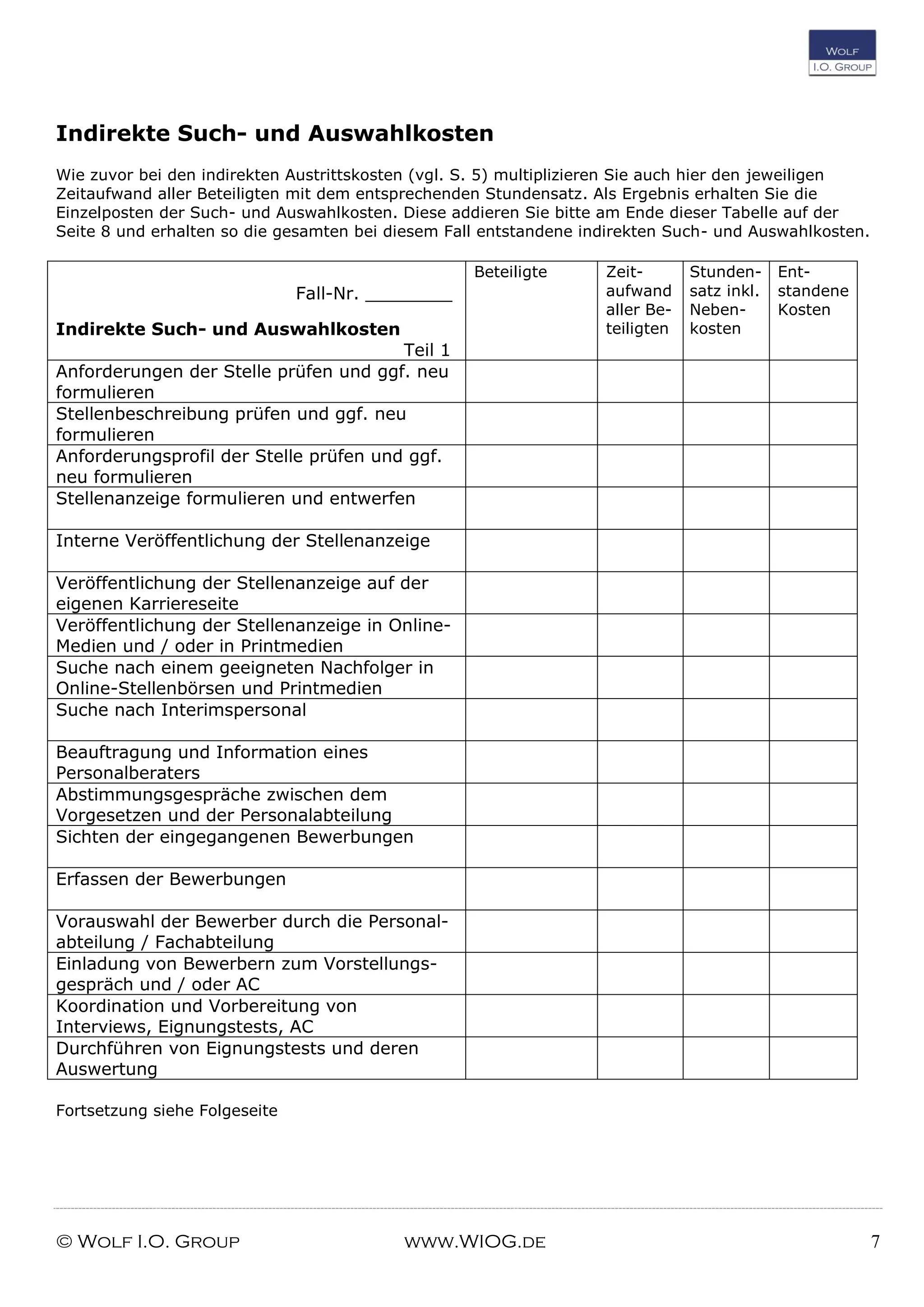 © Wolf I.O. Group www.WIOG.de 7
Indirekte Such- und Auswahlkosten
Wie zuvor bei den indirekten Austrittskosten (vgl. S. 5) multiplizieren Sie auch hier den jeweiligen
Zeitaufwand aller Beteiligten mit dem entsprechenden Stundensatz. Als Ergebnis erhalten Sie die
Einzelposten der Such- und Auswahlkosten. Diese addieren Sie bitte am Ende dieser Tabelle auf der
Seite 8 und erhalten so die gesamten bei diesem Fall entstandene indirekten Such- und Auswahlkosten.
Fall-Nr. ________
Indirekte Such- und Auswahlkosten
Teil 1
Beteiligte Zeit-
aufwand
aller Be-
teiligten
Stunden-
satz inkl.
Neben-
kosten
Ent-
standene
Kosten
Anforderungen der Stelle prüfen und ggf. neu
formulieren
Stellenbeschreibung prüfen und ggf. neu
formulieren
Anforderungsprofil der Stelle prüfen und ggf.
neu formulieren
Stellenanzeige formulieren und entwerfen
Interne Veröffentlichung der Stellenanzeige
Veröffentlichung der Stellenanzeige auf der
eigenen Karriereseite
Veröffentlichung der Stellenanzeige in Online-
Medien und / oder in Printmedien
Suche nach einem geeigneten Nachfolger in
Online-Stellenbörsen und Printmedien
Suche nach Interimspersonal
Beauftragung und Information eines
Personalberaters
Abstimmungsgespräche zwischen dem
Vorgesetzen und der Personalabteilung
Sichten der eingegangenen Bewerbungen
Erfassen der Bewerbungen
Vorauswahl der Bewerber durch die Personal-
abteilung / Fachabteilung
Einladung von Bewerbern zum Vorstellungs-
gespräch und / oder AC
Koordination und Vorbereitung von
Interviews, Eignungstests, AC
Durchführen von Eignungstests und deren
Auswertung
Fortsetzung siehe Folgeseite
 