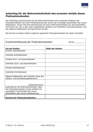 © Wolf I.O. Group www.WIOG.de 12
Aufschlag für die Wahrscheinlichkeit des erneuten Anfalls dieser
Fluktuationskosten
Der Aufschlag wird berechnet für die Wahrscheinlichkeit eines erneuten Anfallens der
Fluktuationskosten bei einer Fehlbesetzung oder durch das vorzeitige Ausscheiden des neuen
Mitarbeiters. Dieser Fall tritt üblicherweise mit einer Wahrscheinlichkeit von durchschnittlich
20 Prozent ein, die zu den oben aufgelisteten direkten und indirekten Fluktuationskosten und
den Opportunitätskosten hinzugerechnet werden.
Die Summe all dieser Kosten ergibt die gesamten Fluktuationskosten für diesen Einzelfall.
Zusammenfassung der Fluktuationskosten Fall-Nr. ________
Art der Kosten Höhe der Kosten
Direkte Austrittskosten
Indirekte Austrittskosten
Direkte Such- und Auswahlkosten
Indirekte Such- und Auswahlkosten
Direkte Eintrittskosten
Indirekte Eintrittskosten
Opportunitätskosten des Austritts sowie des
Vakanz- und Einarbeitungszeitraums
Zwischensumme:
Aufschlag für die Wahrscheinlichkeit, dass
die Fluktuationskosten erneut anfallen bei
vorzeitigem Ausscheiden des neuen
Mitarbeiters oder durch Fehlbesetzung
Summe der Fluktuationskosten
 