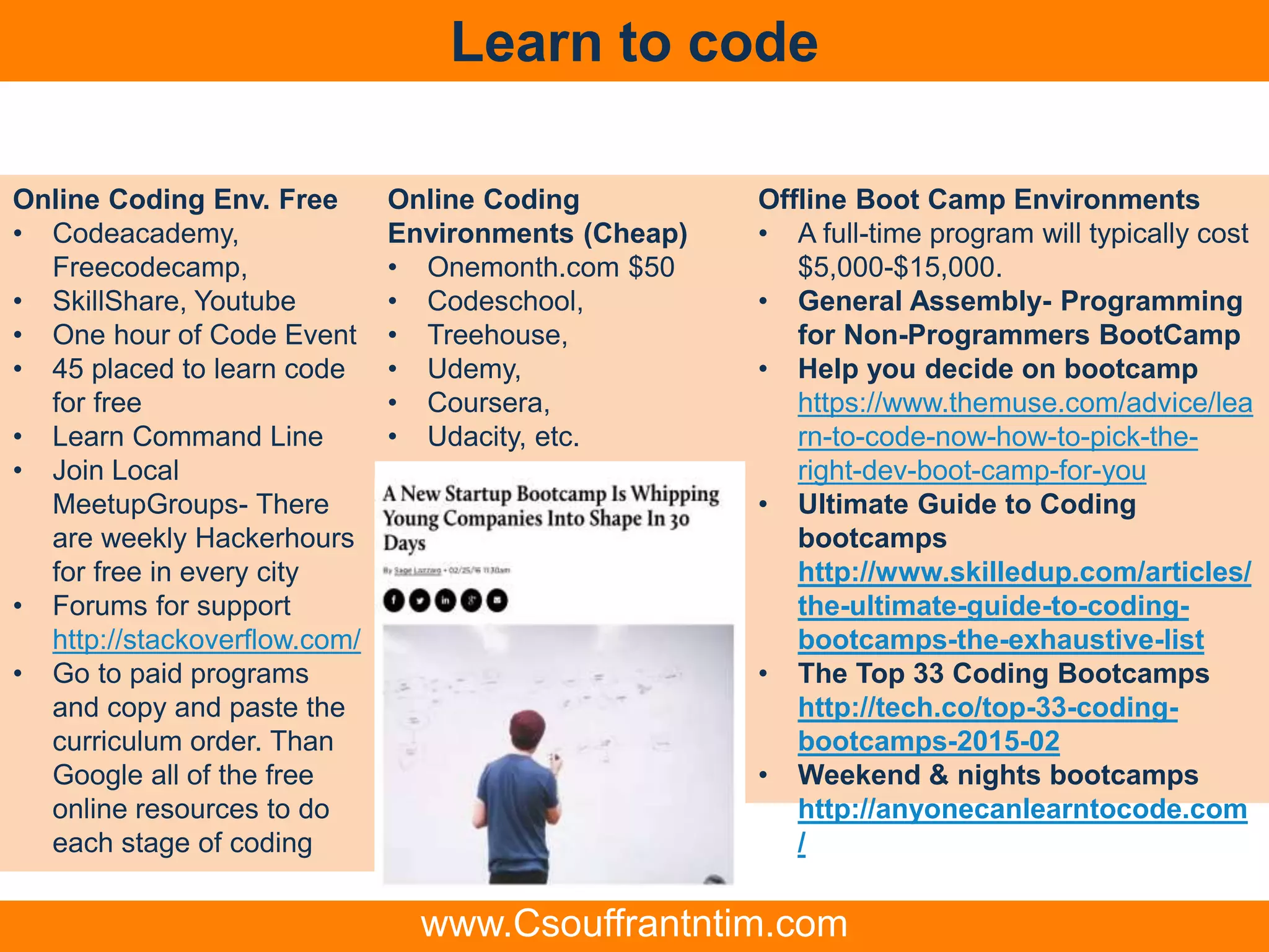 Learn to code
Online Coding Env. Free
• Codeacademy,
Freecodecamp,
• SkillShare, Youtube
• One hour of Code Event
• 45 placed to learn code
for free
• Learn Command Line
• Join Local
MeetupGroups- There
are weekly Hackerhours
for free in every city
• Forums for support
http://stackoverflow.com/
• Go to paid programs
and copy and paste the
curriculum order. Than
Google all of the free
online resources to do
each stage of coding
Online Coding
Environments (Cheap)
• Onemonth.com $50
• Codeschool,
• Treehouse,
• Udemy,
• Coursera,
• Udacity, etc.
Offline Boot Camp Environments
• A full-time program will typically cost
$5,000-$15,000.
• General Assembly- Programming
for Non-Programmers BootCamp
• Help you decide on bootcamp
https://www.themuse.com/advice/lea
rn-to-code-now-how-to-pick-the-
right-dev-boot-camp-for-you
• Ultimate Guide to Coding
bootcamps
http://www.skilledup.com/articles/
the-ultimate-guide-to-coding-
bootcamps-the-exhaustive-list
• The Top 33 Coding Bootcamps
http://tech.co/top-33-coding-
bootcamps-2015-02
• Weekend & nights bootcamps
http://anyonecanlearntocode.com
/
www.Csouffrantntim.com
 