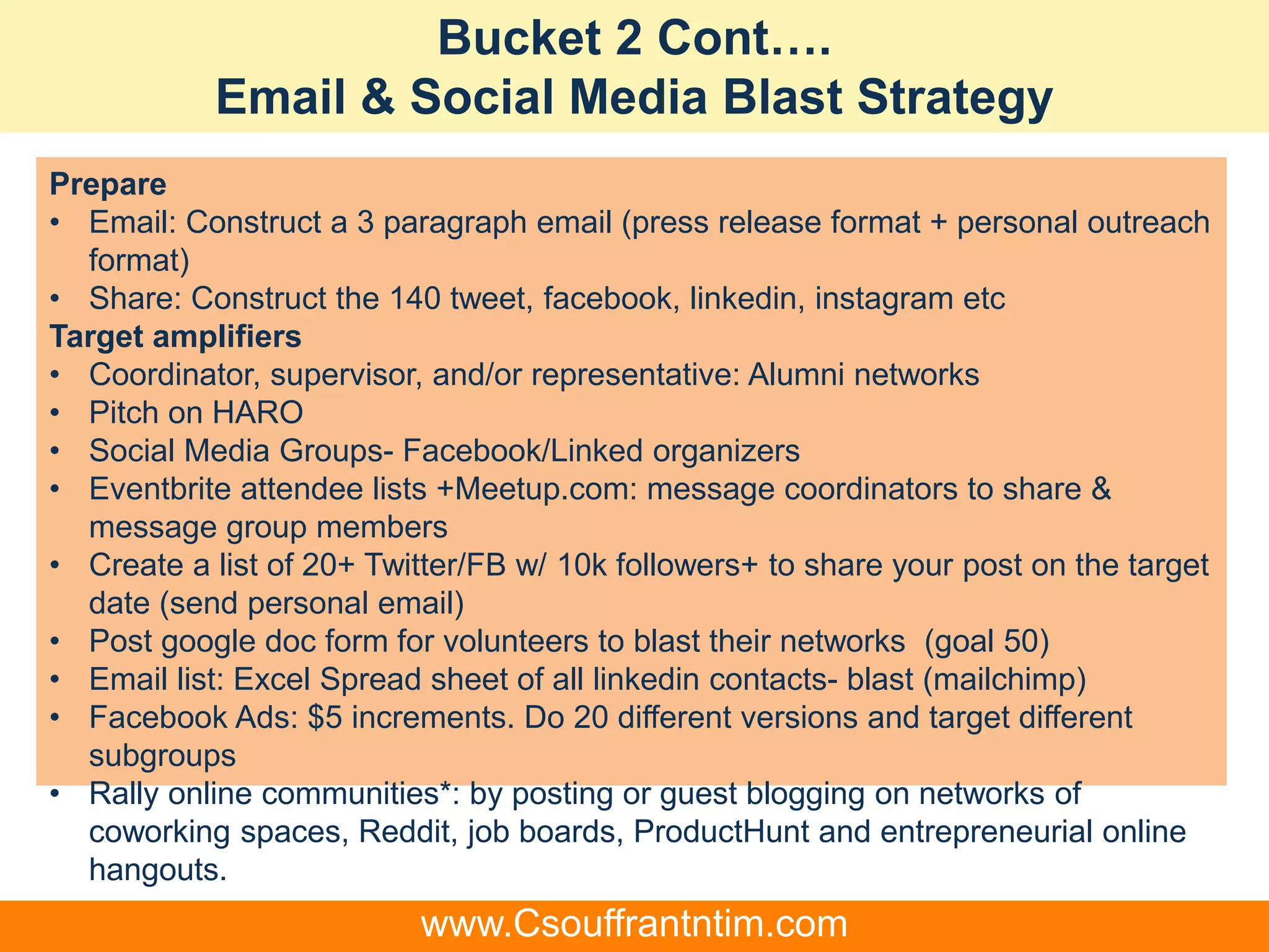 Bucket 2 Cont….
Email & Social Media Blast Strategy
Prepare
• Email: Construct a 3 paragraph email (press release format + personal outreach
format)
• Share: Construct the 140 tweet, facebook, linkedin, instagram etc
Target amplifiers
• Coordinator, supervisor, and/or representative: Alumni networks
• Pitch on HARO
• Social Media Groups- Facebook/Linked organizers
• Eventbrite attendee lists +Meetup.com: message coordinators to share &
message group members
• Create a list of 20+ Twitter/FB w/ 10k followers+ to share your post on the target
date (send personal email)
• Post google doc form for volunteers to blast their networks (goal 50)
• Email list: Excel Spread sheet of all linkedin contacts- blast (mailchimp)
• Facebook Ads: $5 increments. Do 20 different versions and target different
subgroups
• Rally online communities*: by posting or guest blogging on networks of
coworking spaces, Reddit, job boards, ProductHunt and entrepreneurial online
hangouts.
www.Csouffrantntim.com
 