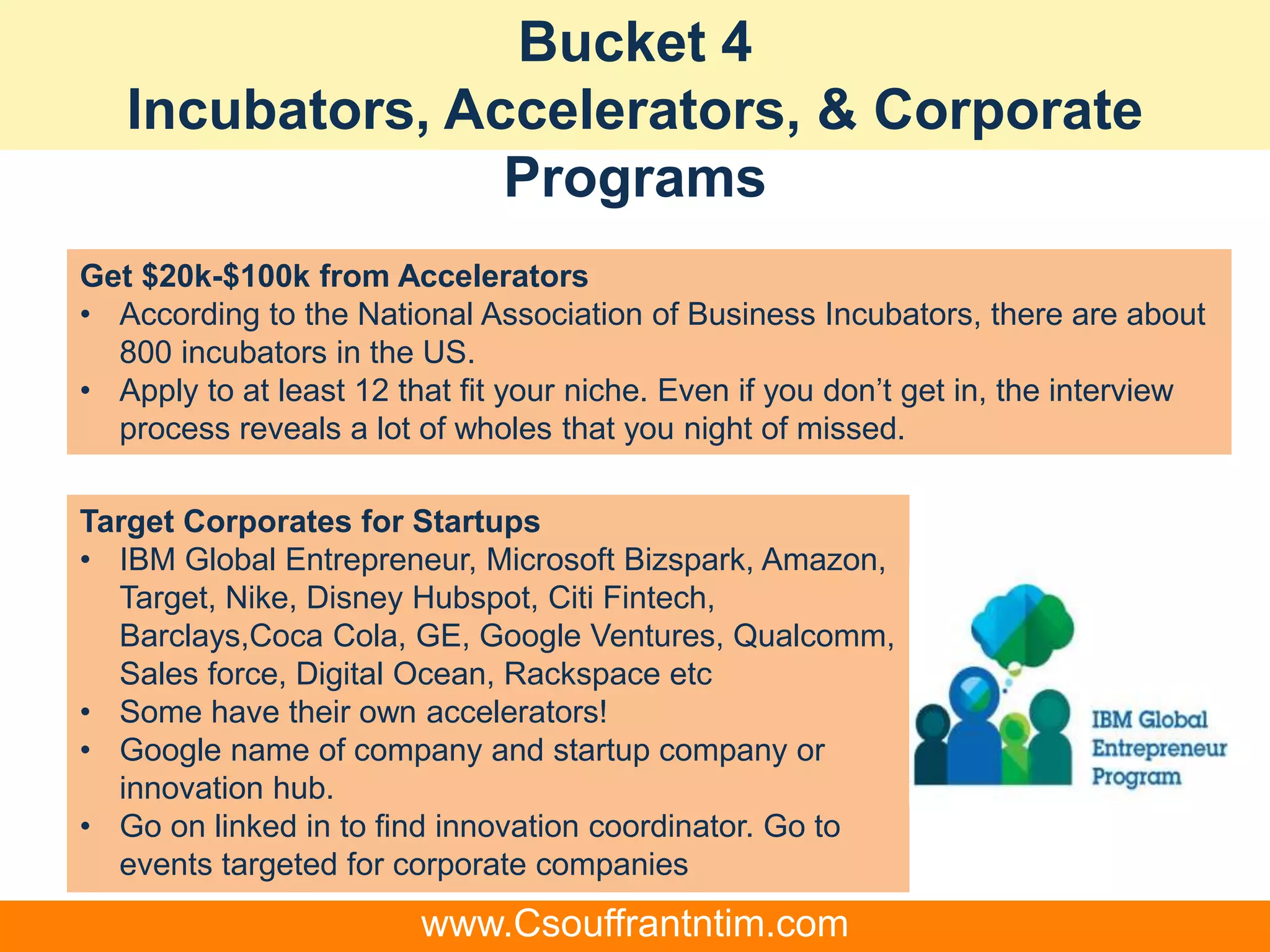 Bucket 4
Incubators, Accelerators, & Corporate
Programs
Get $20k-$100k from Accelerators
• According to the National Association of Business Incubators, there are about
800 incubators in the US.
• Apply to at least 12 that fit your niche. Even if you don’t get in, the interview
process reveals a lot of wholes that you night of missed.
Target Corporates for Startups
• IBM Global Entrepreneur, Microsoft Bizspark, Amazon,
Target, Nike, Disney Hubspot, Citi Fintech,
Barclays,Coca Cola, GE, Google Ventures, Qualcomm,
Sales force, Digital Ocean, Rackspace etc
• Some have their own accelerators!
• Google name of company and startup company or
innovation hub.
• Go on linked in to find innovation coordinator. Go to
events targeted for corporate companies
www.Csouffrantntim.com
 