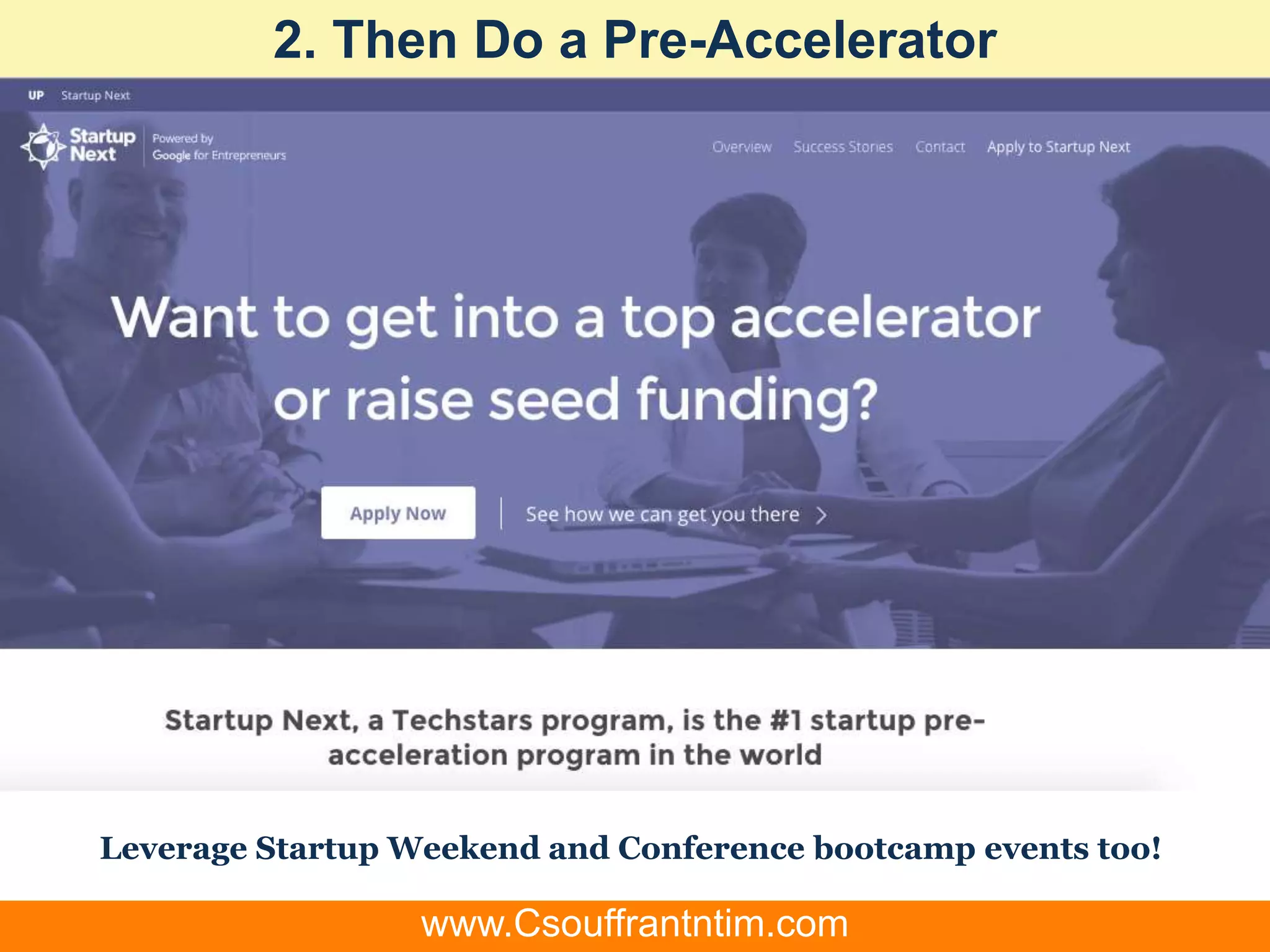 2. Then Do a Pre-Accelerator
Leverage Startup Weekend and Conference bootcamp events too!
www.Csouffrantntim.com
 
