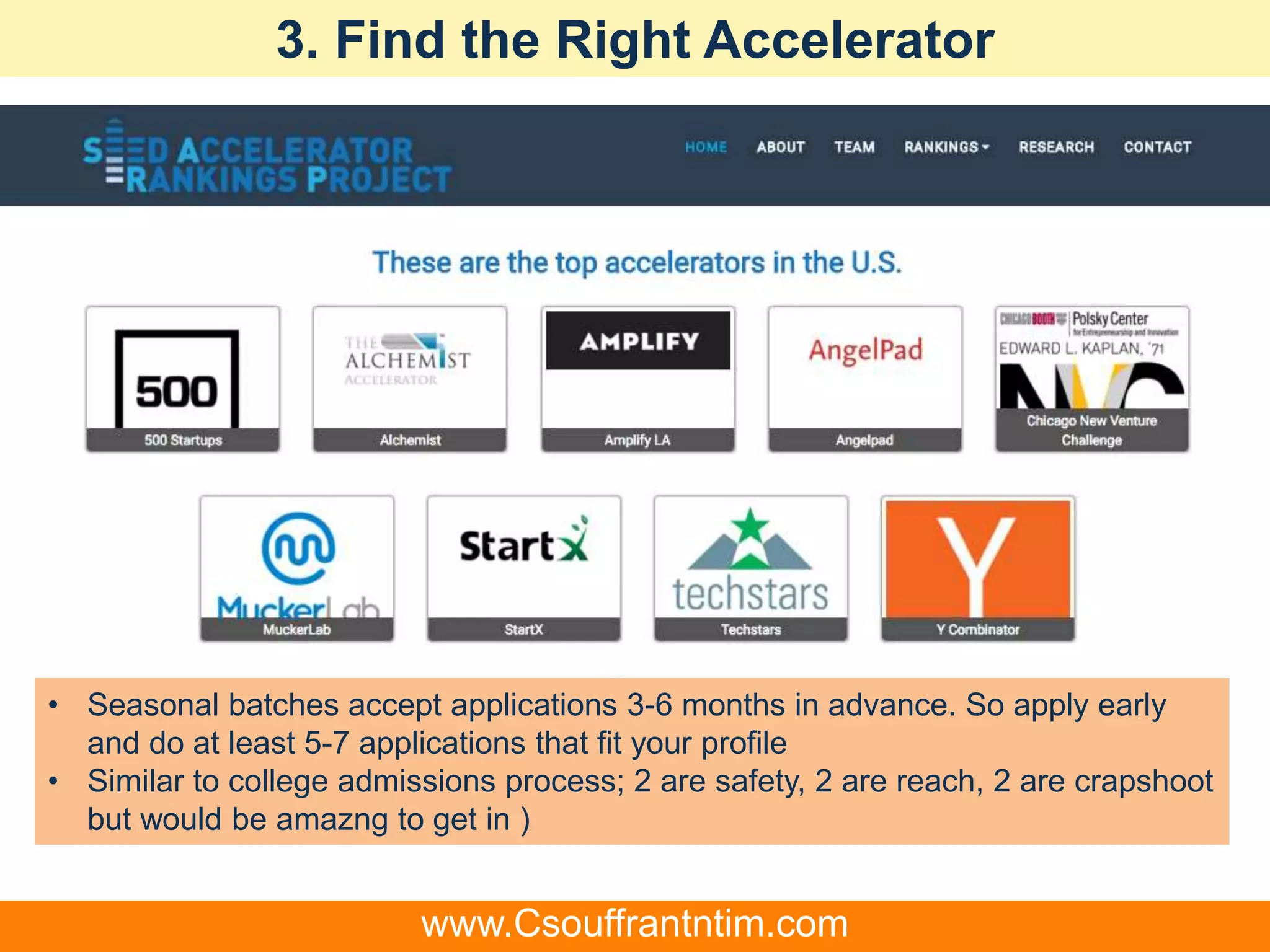 3. Find the Right Accelerator
• Seasonal batches accept applications 3-6 months in advance. So apply early
and do at least 5-7 applications that fit your profile
• Similar to college admissions process; 2 are safety, 2 are reach, 2 are crapshoot
but would be amazng to get in )
www.Csouffrantntim.com
 
