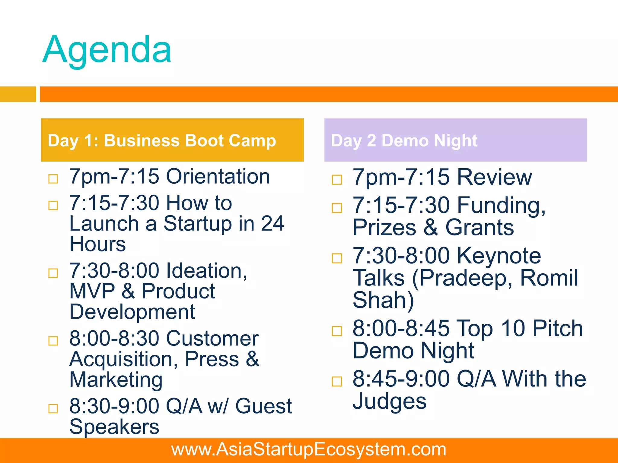 Agenda
 7pm-7:15 Orientation
 7:15-7:30 How to
Launch a Startup in 24
Hours
 7:30-8:00 Ideation,
MVP & Product
Development
 8:00-8:30 Customer
Acquisition, Press &
Marketing
 8:30-9:00 Q/A w/ Guest
Speakers
 7pm-7:15 Review
 7:15-7:30 Funding,
Prizes & Grants
 7:30-8:00 Keynote
Talks (Pradeep, Romil
Shah)
 8:00-8:45 Top 10 Pitch
Demo Night
 8:45-9:00 Q/A With the
Judges
Day 1: Business Boot Camp Day 2 Demo Night
www.AsiaStartupEcosystem.com
 